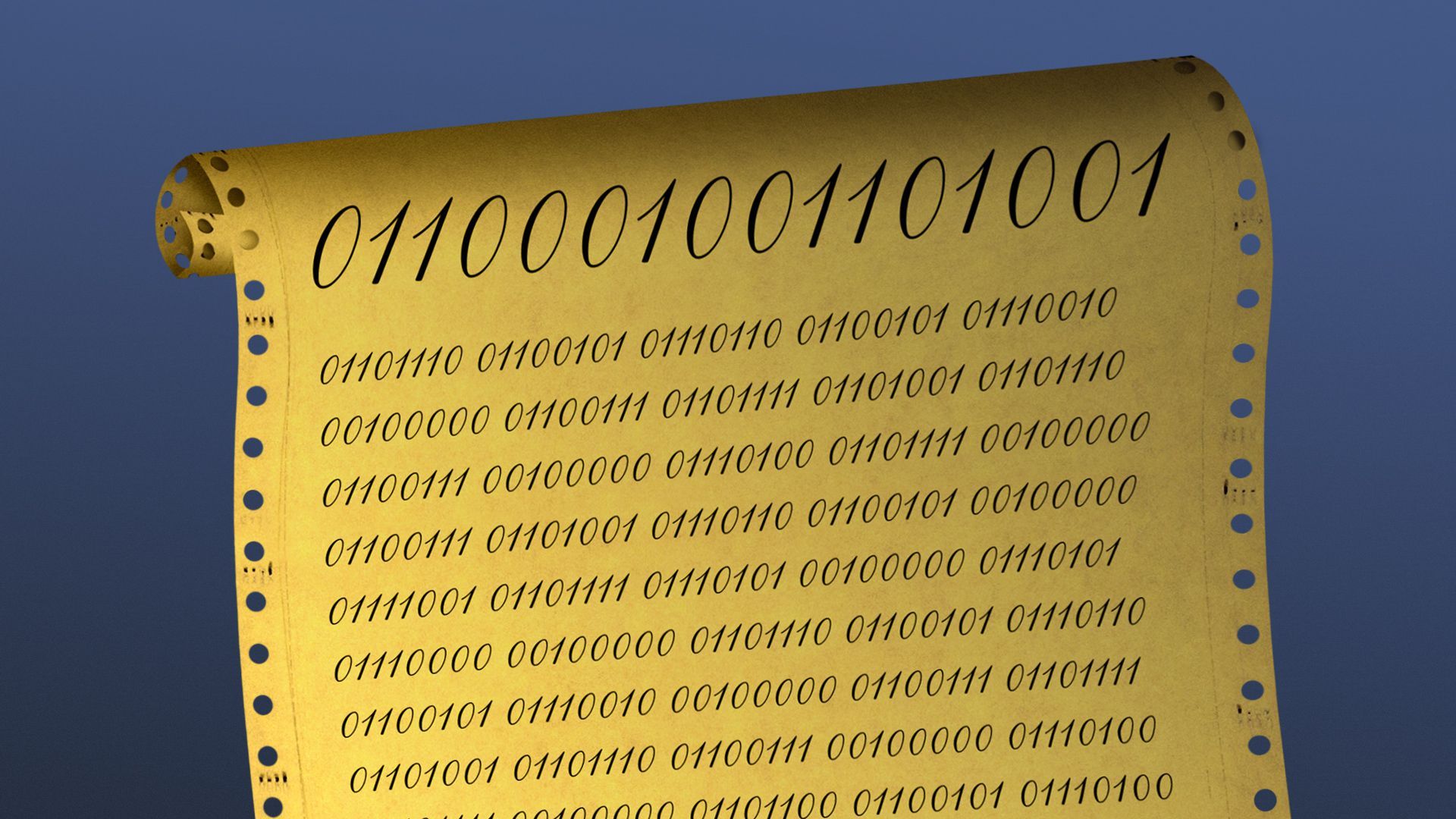 Illustration of dot matrix printer paper stylized as old parchment with binary written on it mimicking the style of the Bill of Rights.