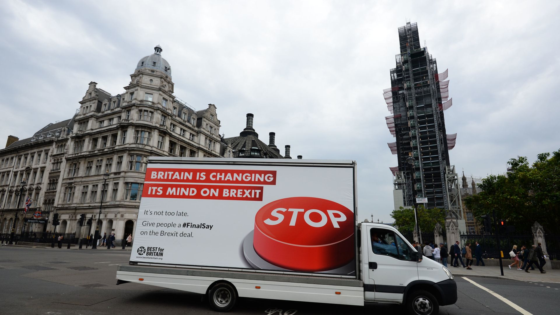 Billboard on the side of a truck rallying against Brexit