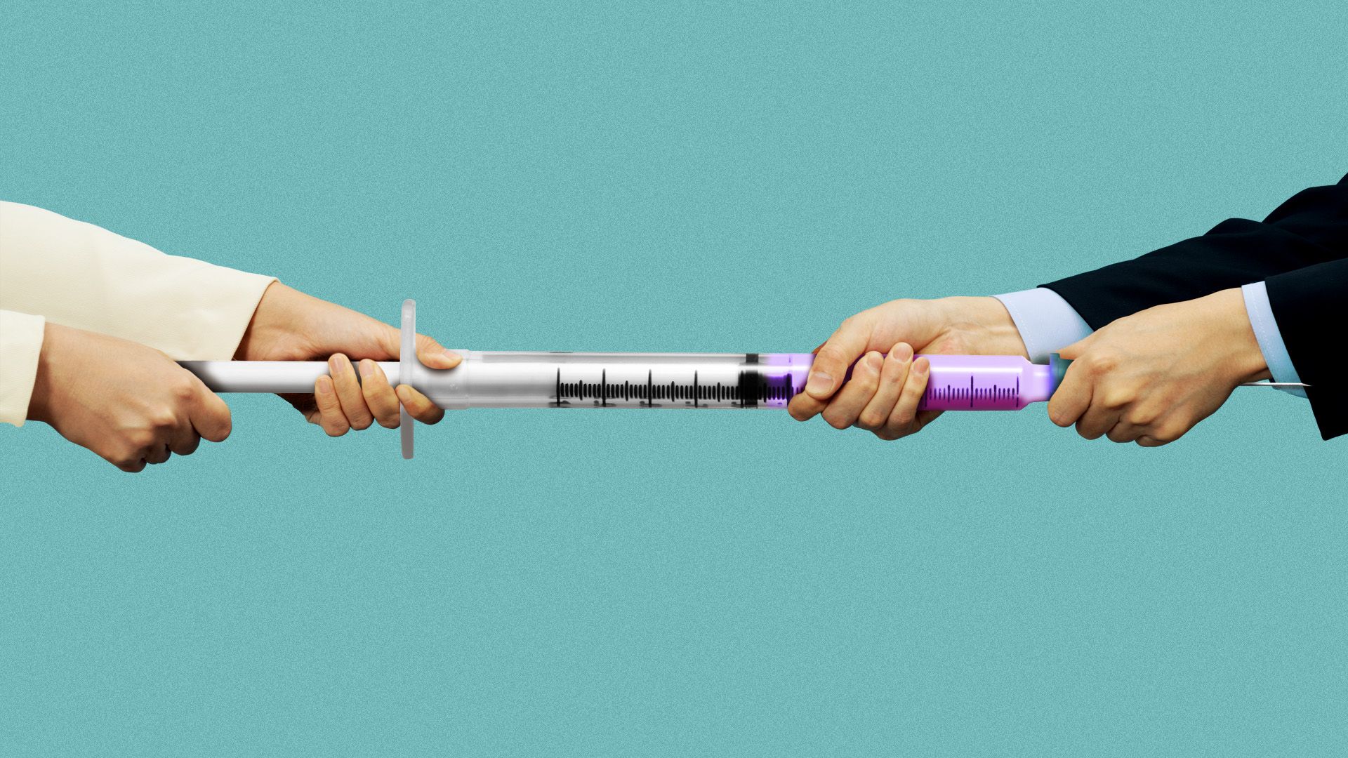 Illustration of two people in suits playing tug of war on a giant syringe 