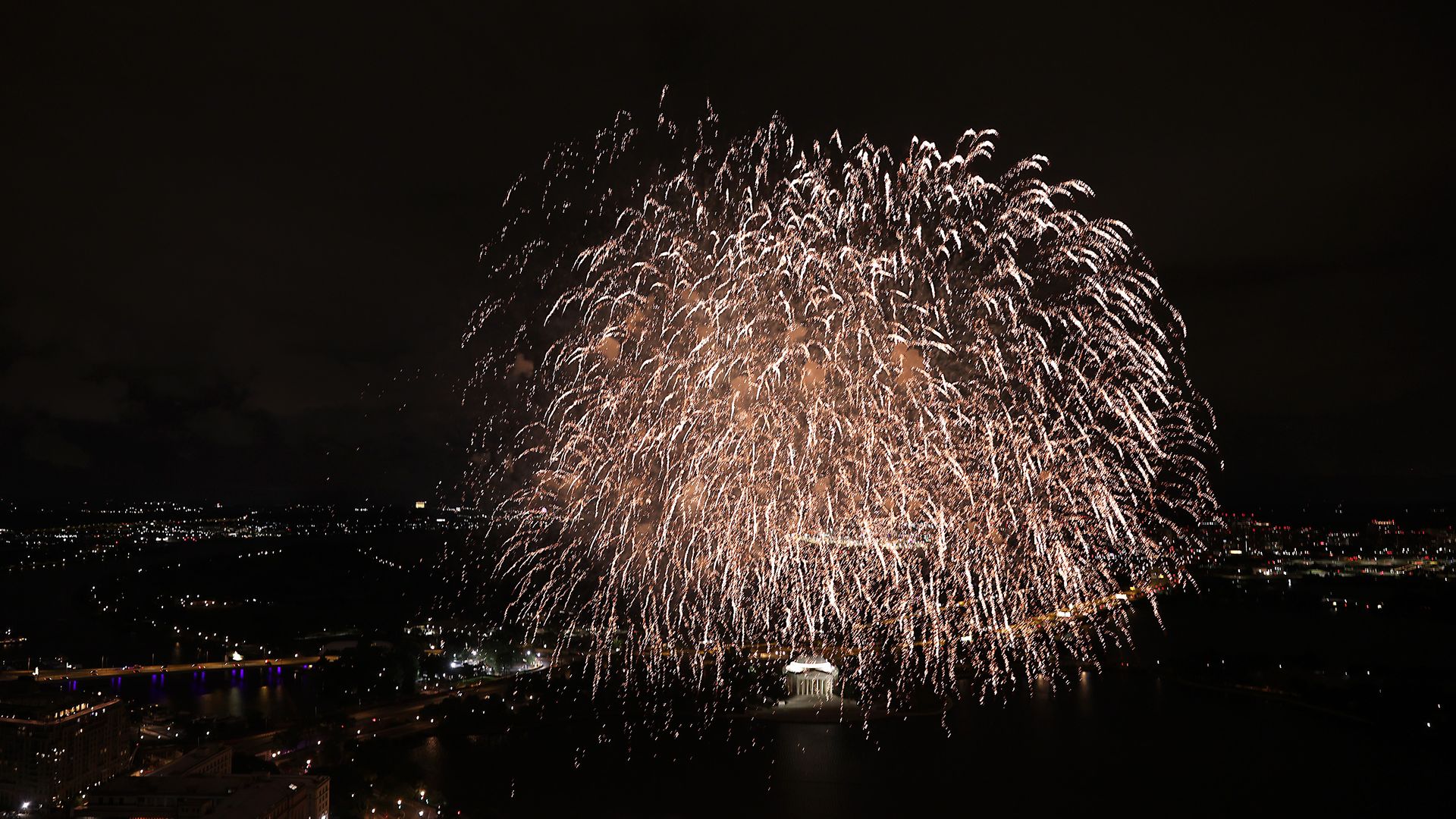 An aerial picture of fireworks over D.C.