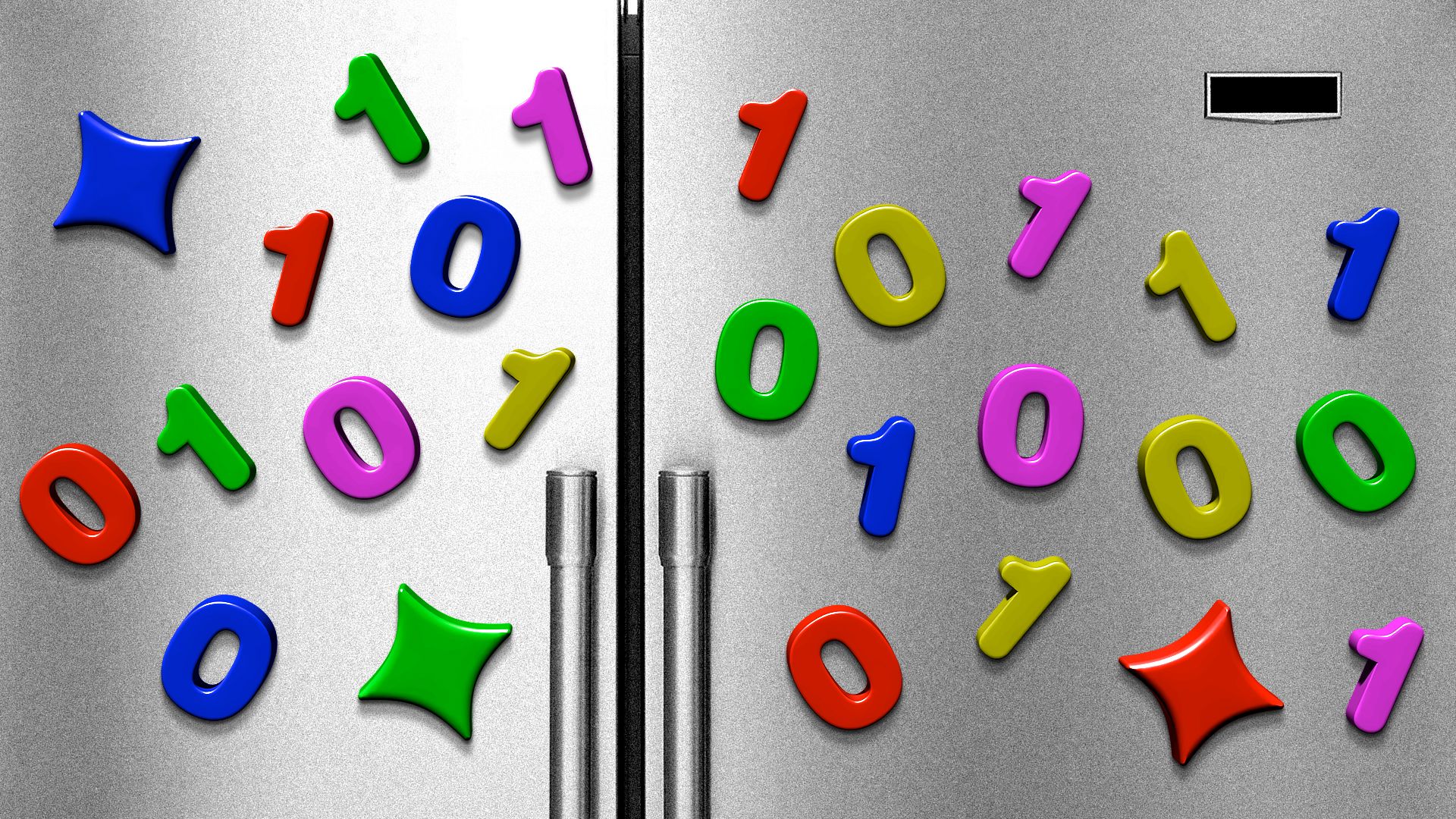 Illustration of refrigerator doors covered with colorful magnets shaped like sparkles and binary code.