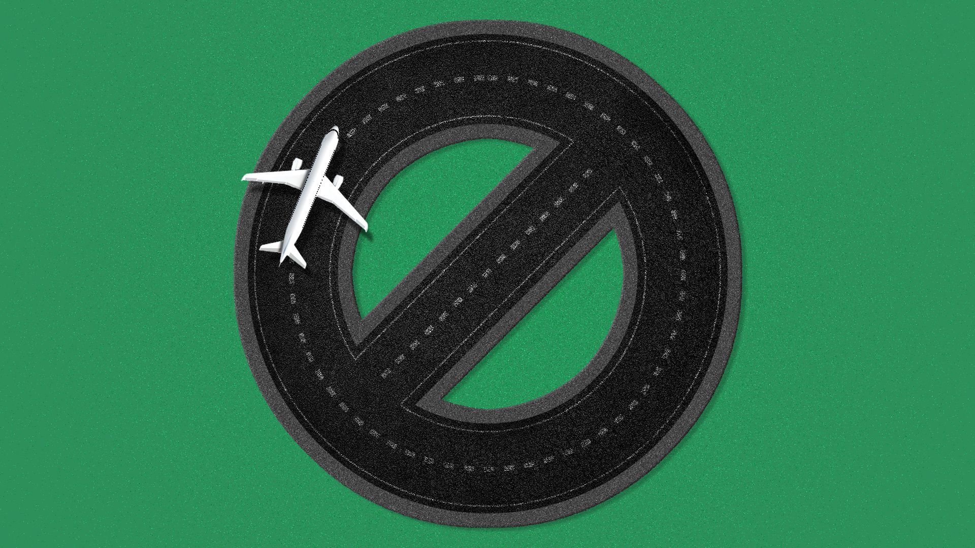 Illustration of an airplane on a runway shaped like a "no" symbol.
