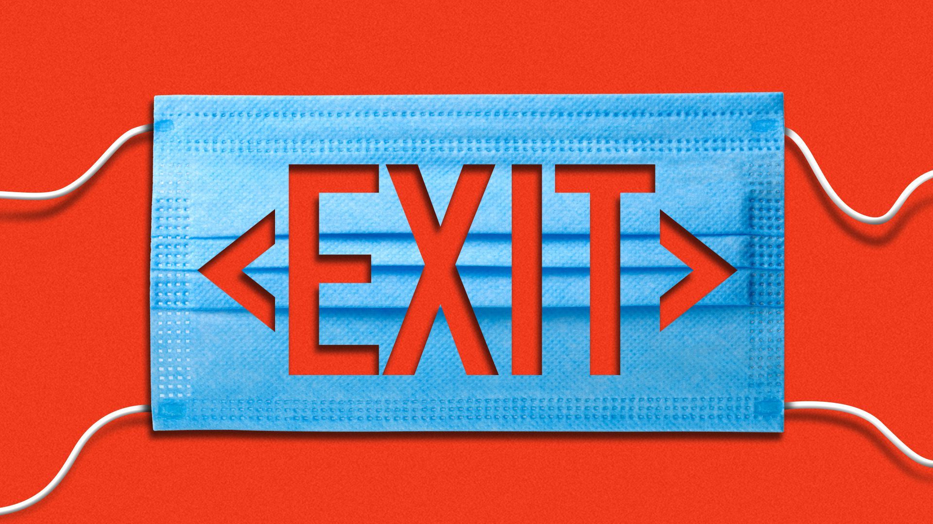 Illustration of a mask with the word "exit" punched out to look like an exit sign.