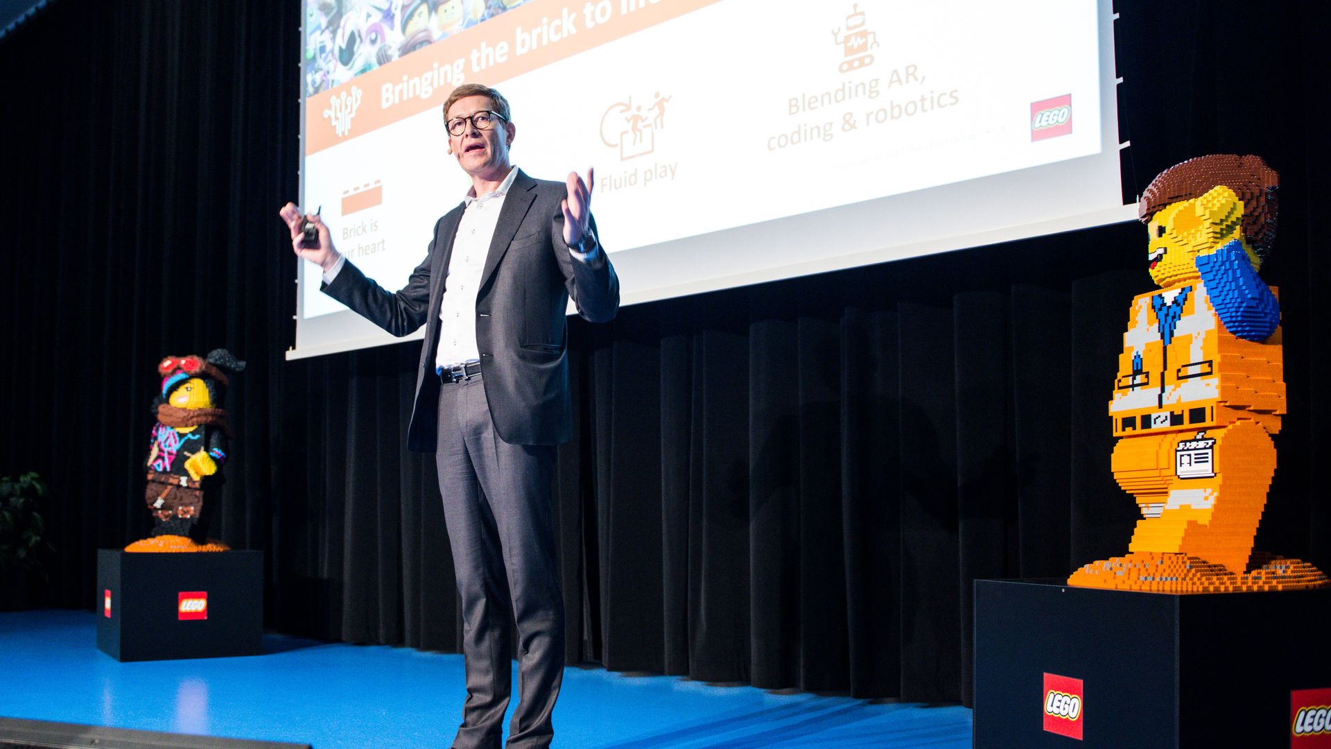 Niels B. Christiansen, CEO of Lego presents the annual results of the Danish toy company during a news conference at Lego headquarters in Billund, Denmark on February 27, 2019. 
