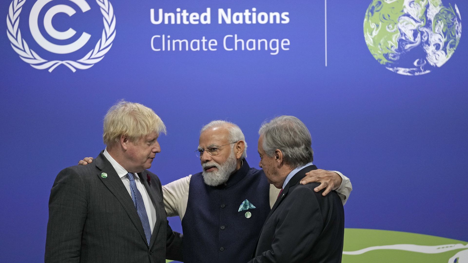 British Prime Minister Boris Johnson (L) and UN Secretary-General Antonio Guterres (R) greet India Prime Minister Narendra Modi