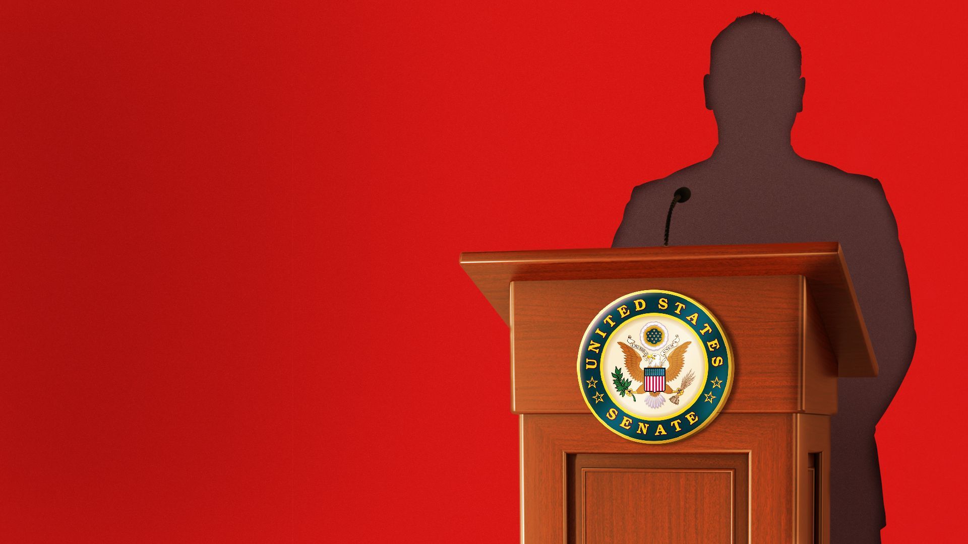 Illustration of a person's silhouette standing behind a podium with the U.S. Senate seal.