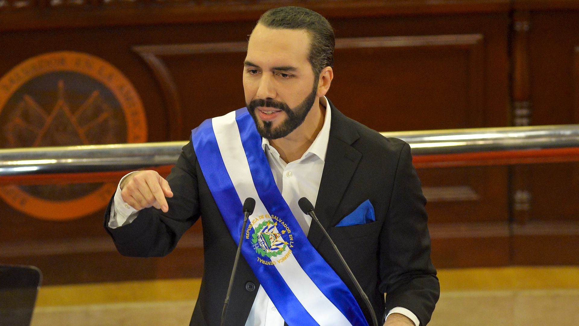 Nayib Bukele, El Salvador's president, delivers a speech to Congress at the Legislative Assembly building in San Salvador, El Salvador, on Tuesday, June 1, 2021. 