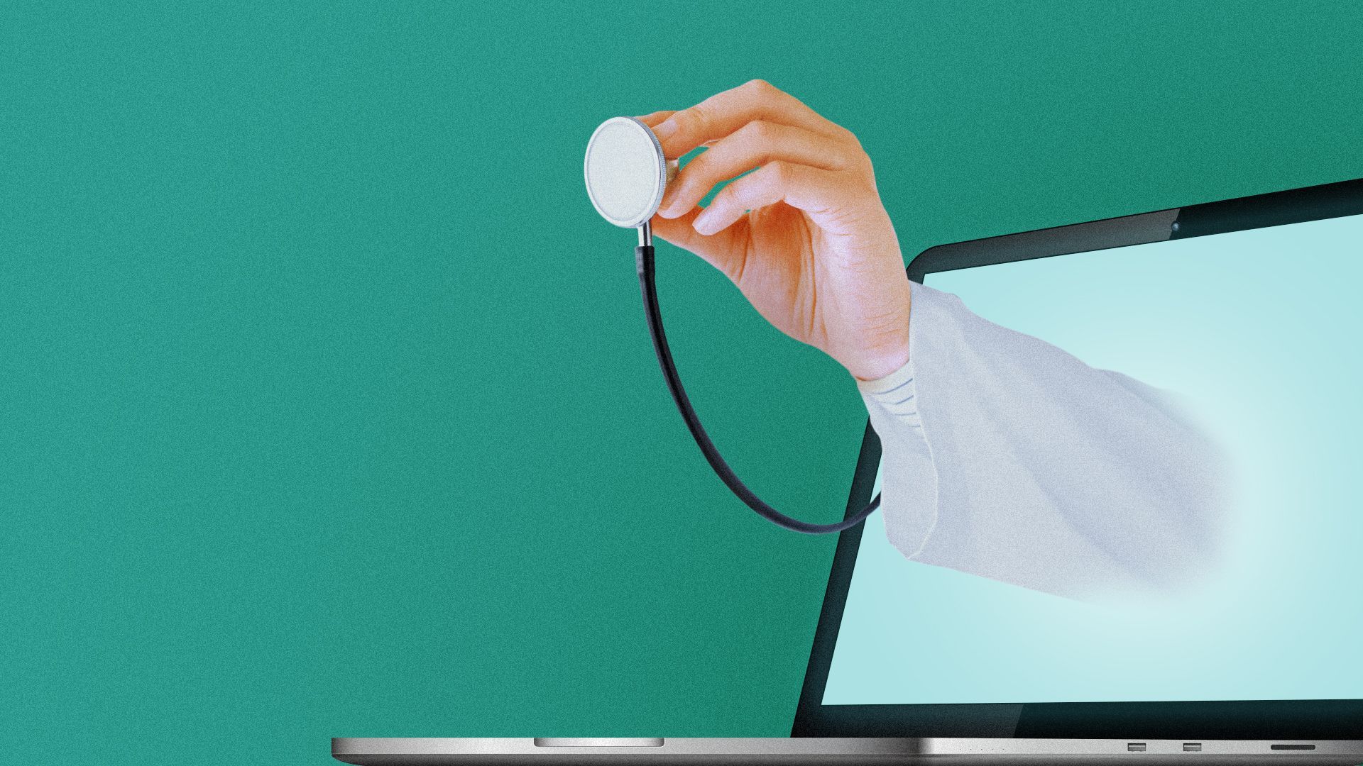 Illustration of a physician's hand holding a stethoscope coming out of a laptop screen.