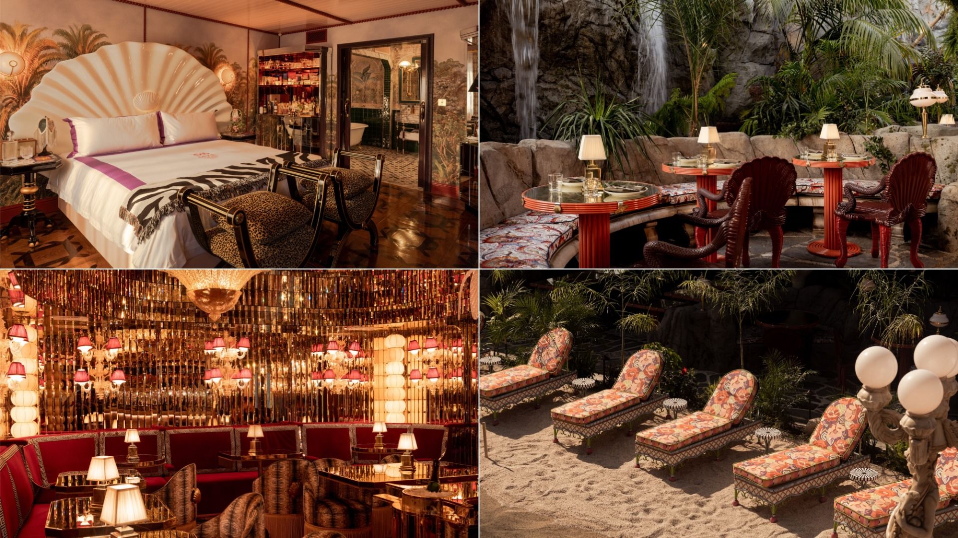 Collage: top-left bedroom with a clamshell bed and leopard chairs; top-right outdoor cafe with red round tables and waterfalls; bottom-left chandelier-lit dining hall; bottom-right sandy terrace with patterned loungers.