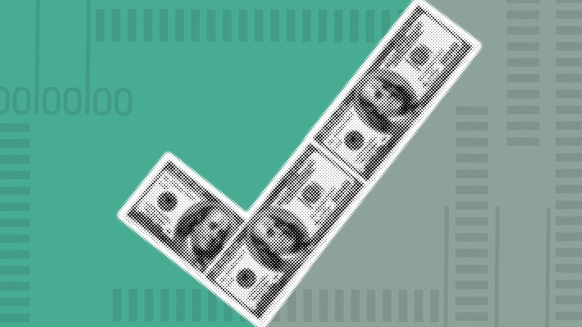 Illustration of a checkmark made from one hundred dollar bills