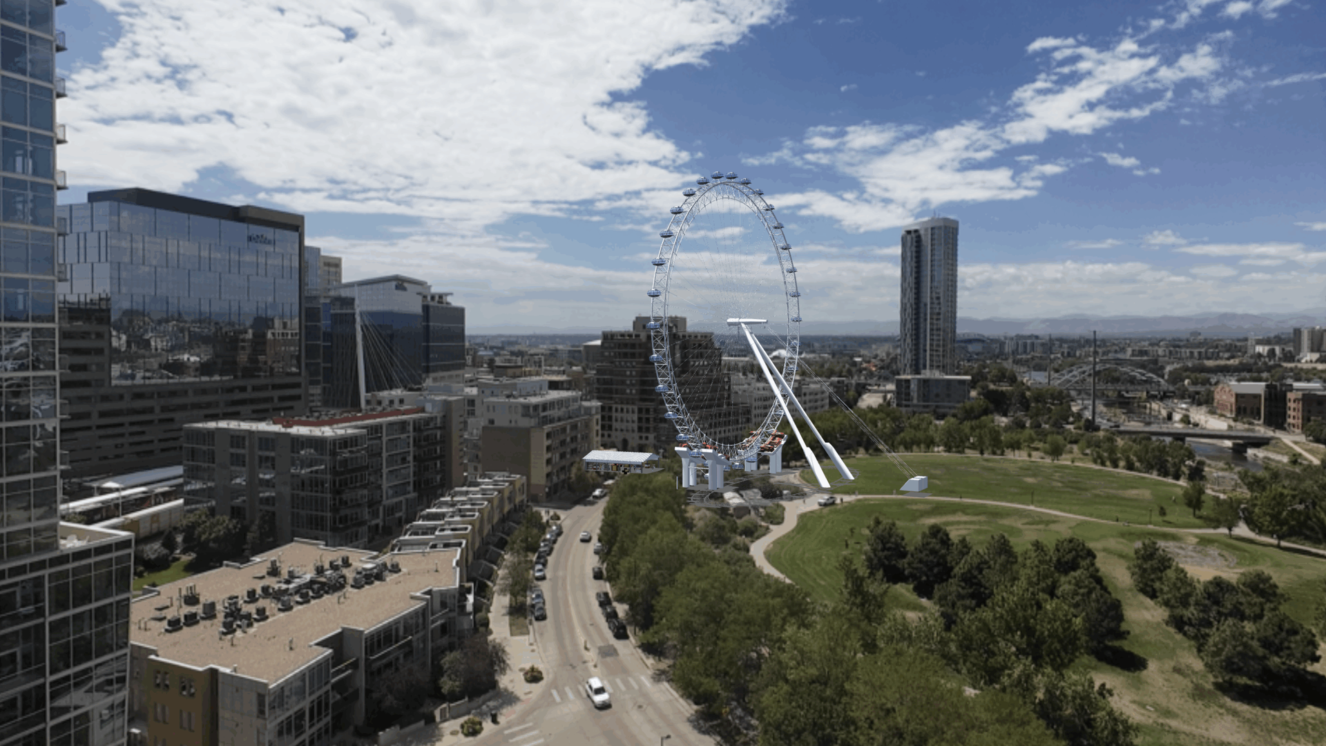 A rendering of a large Ferris wheel in downtown Denver.