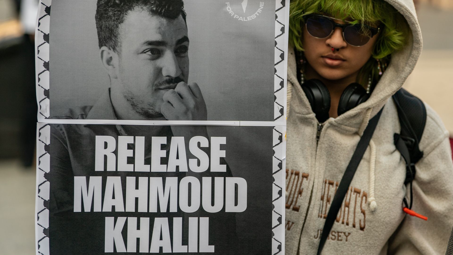 Protestors gather to demand the release of Mahmoud Khalil at Foley Square on March 10, 2025 in New York City. Mahmoud Khalil, a Columbia University graduate and Palestinian activist arrested Saturday, received a temporary reprieve from deportation. 