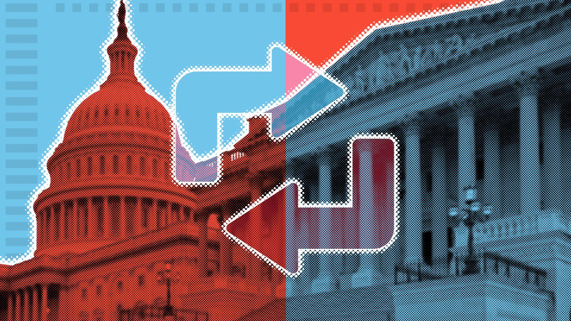 Illustration of the Capitol Building with red and blue over it and arrows going in either direction