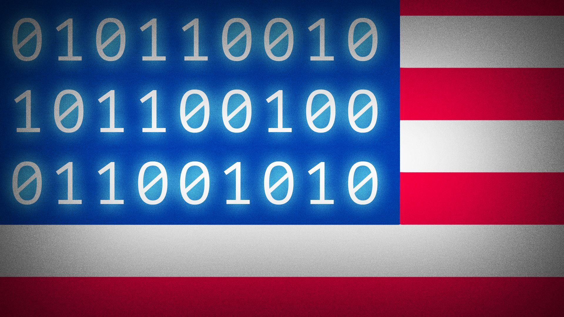 Illustration of a US flag, but the stars are replaced with binary numbers.