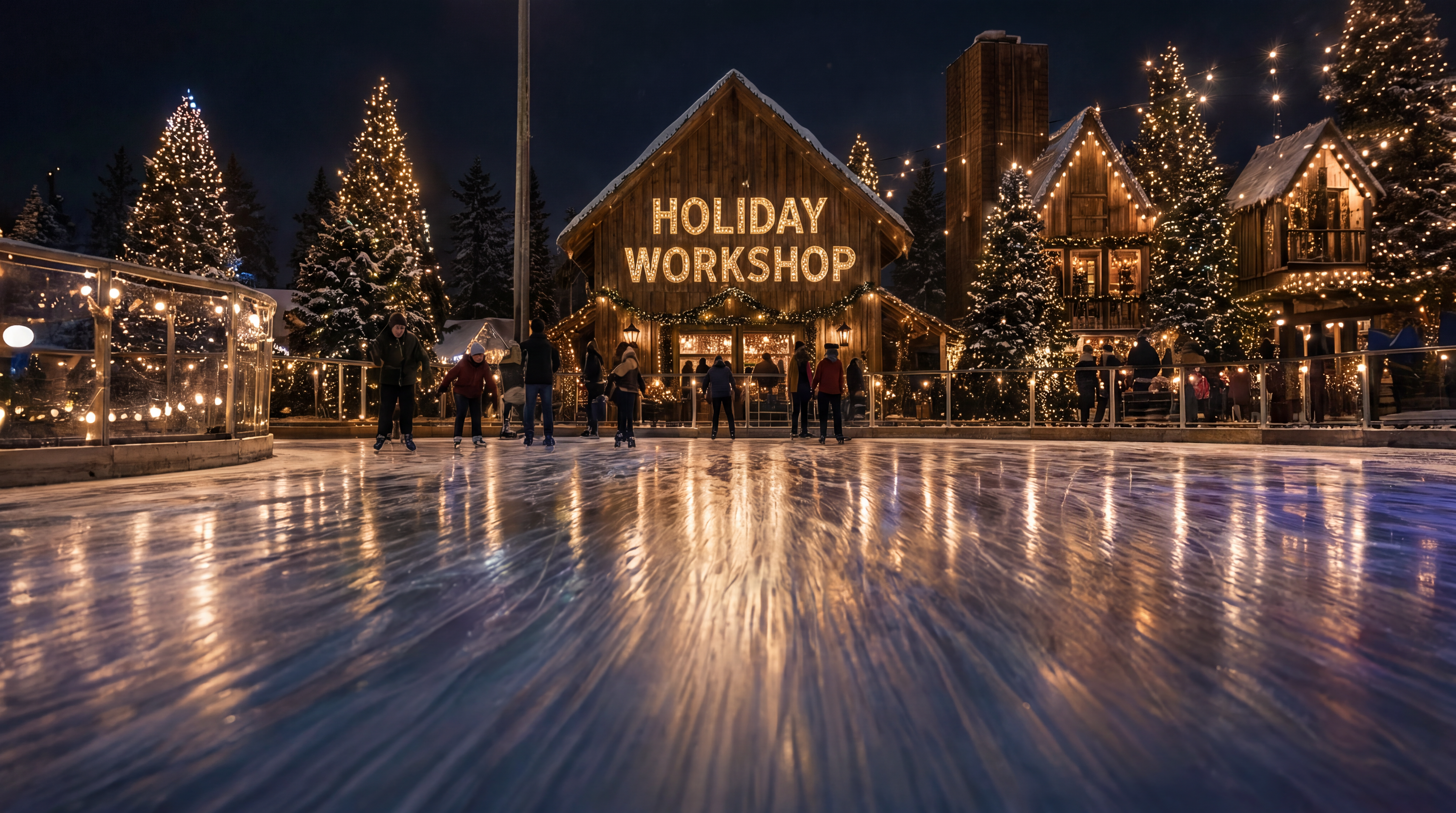 Night scene of an outdoor holiday village with a wooden building reading "HOLIDAY WORKSHOP" in warm lights, snow-covered trees, festive string lights, and people skating on a reflective ice rink.