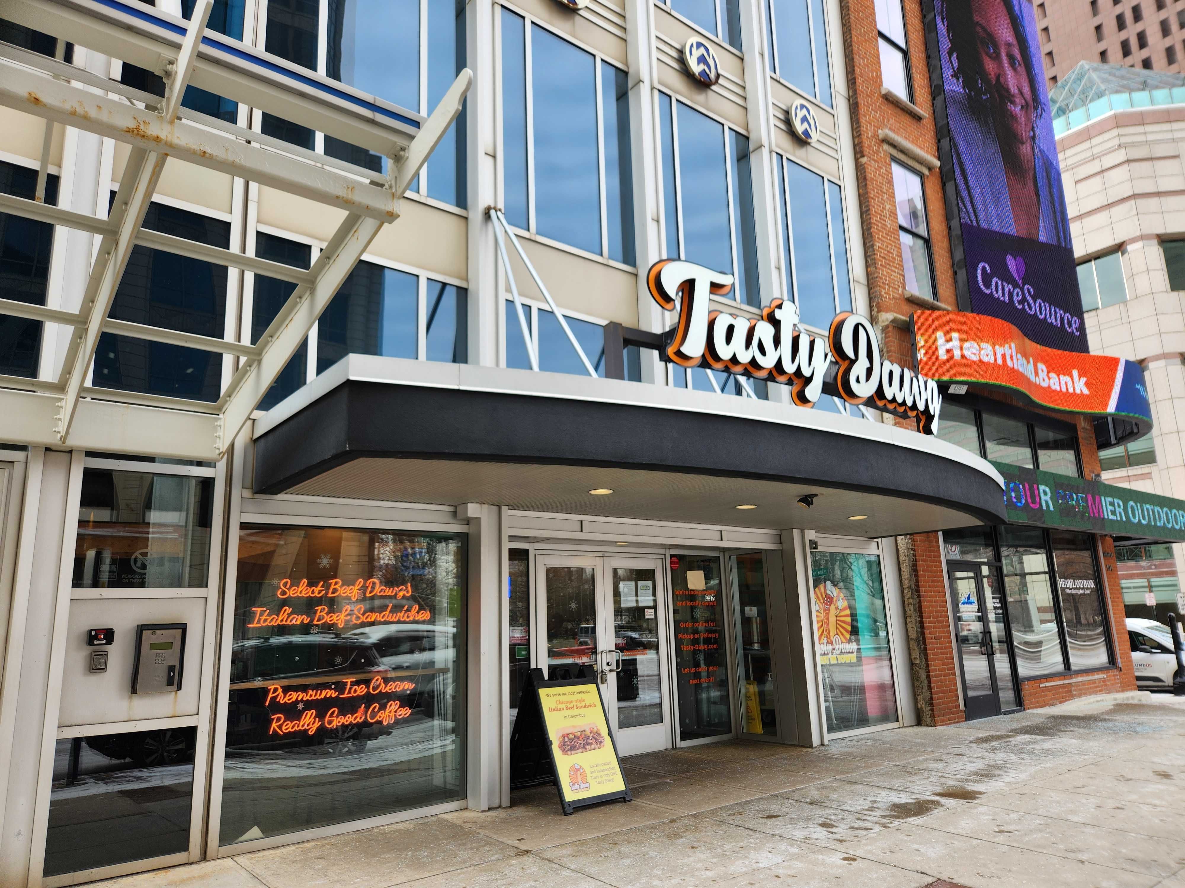The front entrance to Tasty Dawg restaurant. 