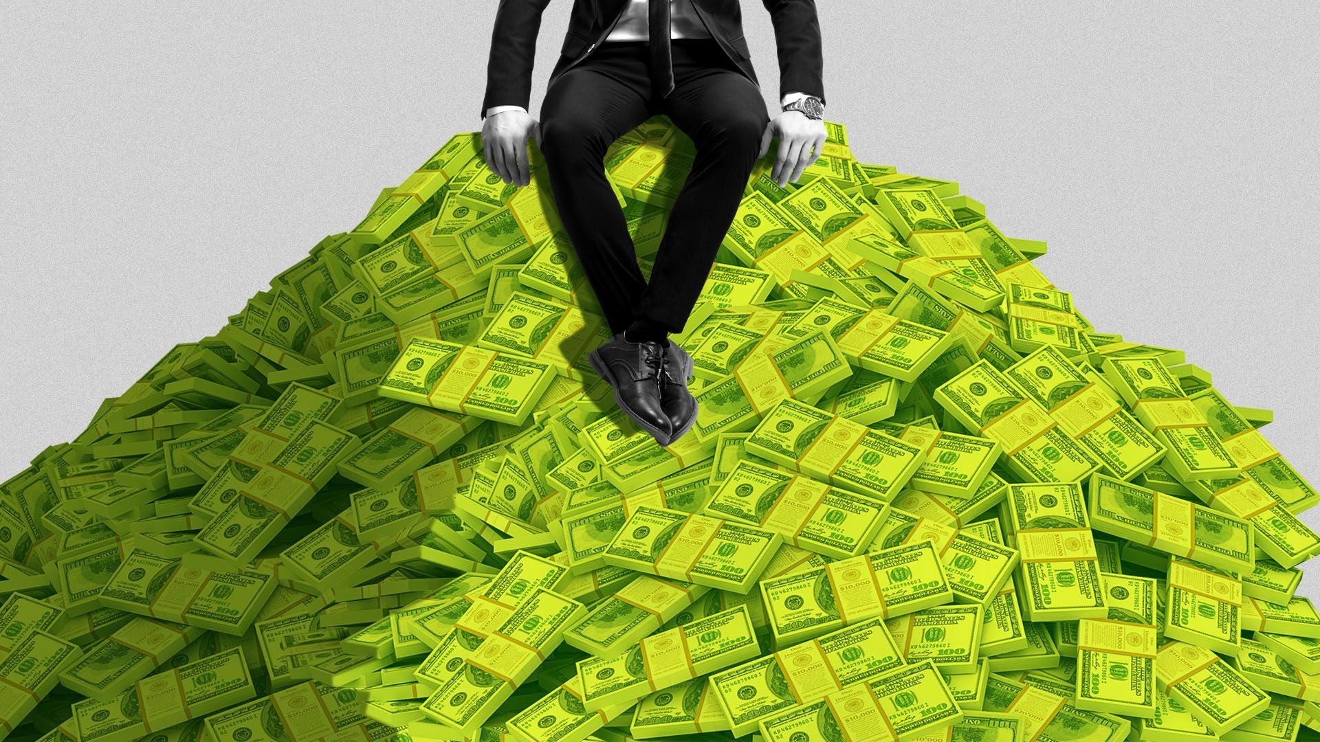 Illustration of a man in a suit sitting on top of a pile of money.