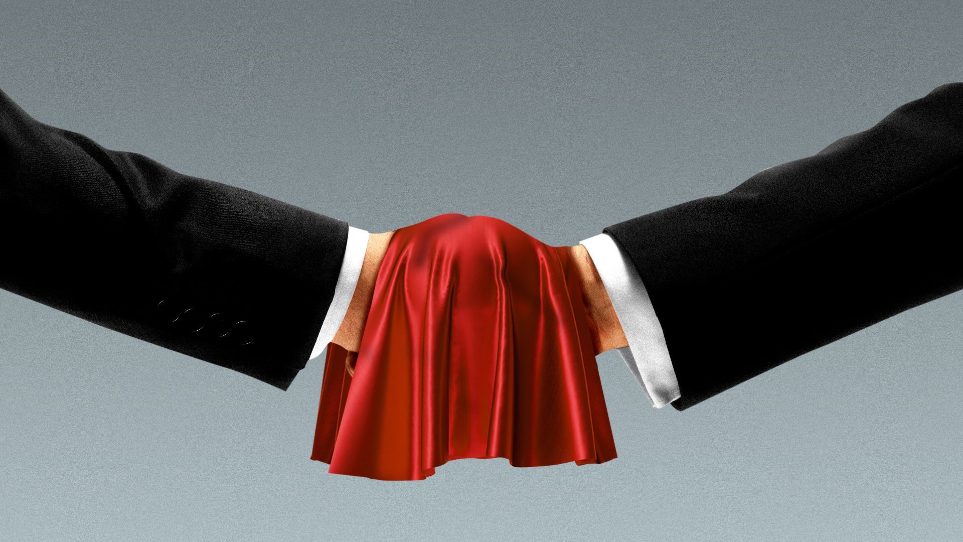 Illustration of a piece of cloth covering a handshake between two people. 