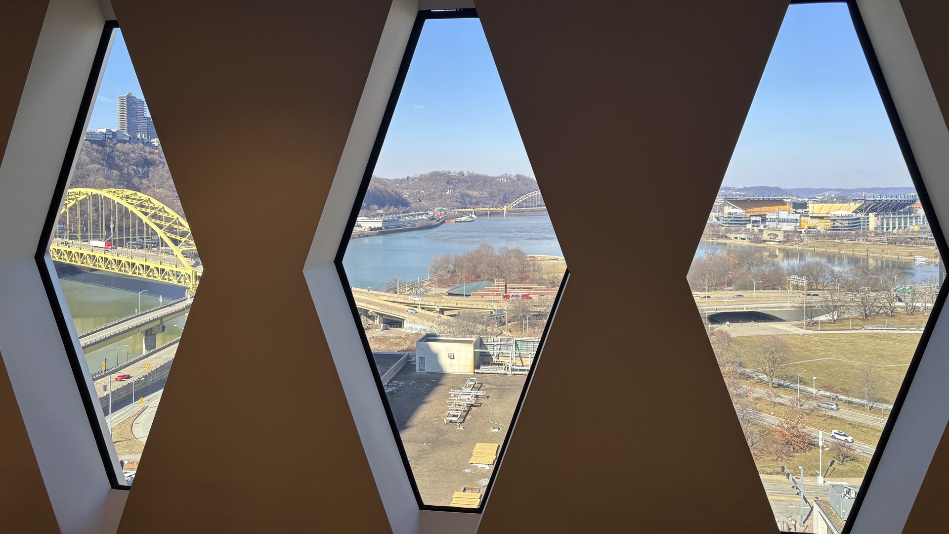 Pittsburgh's three rivers seen through the diamond windows at the United Steelworkers' union headquarters