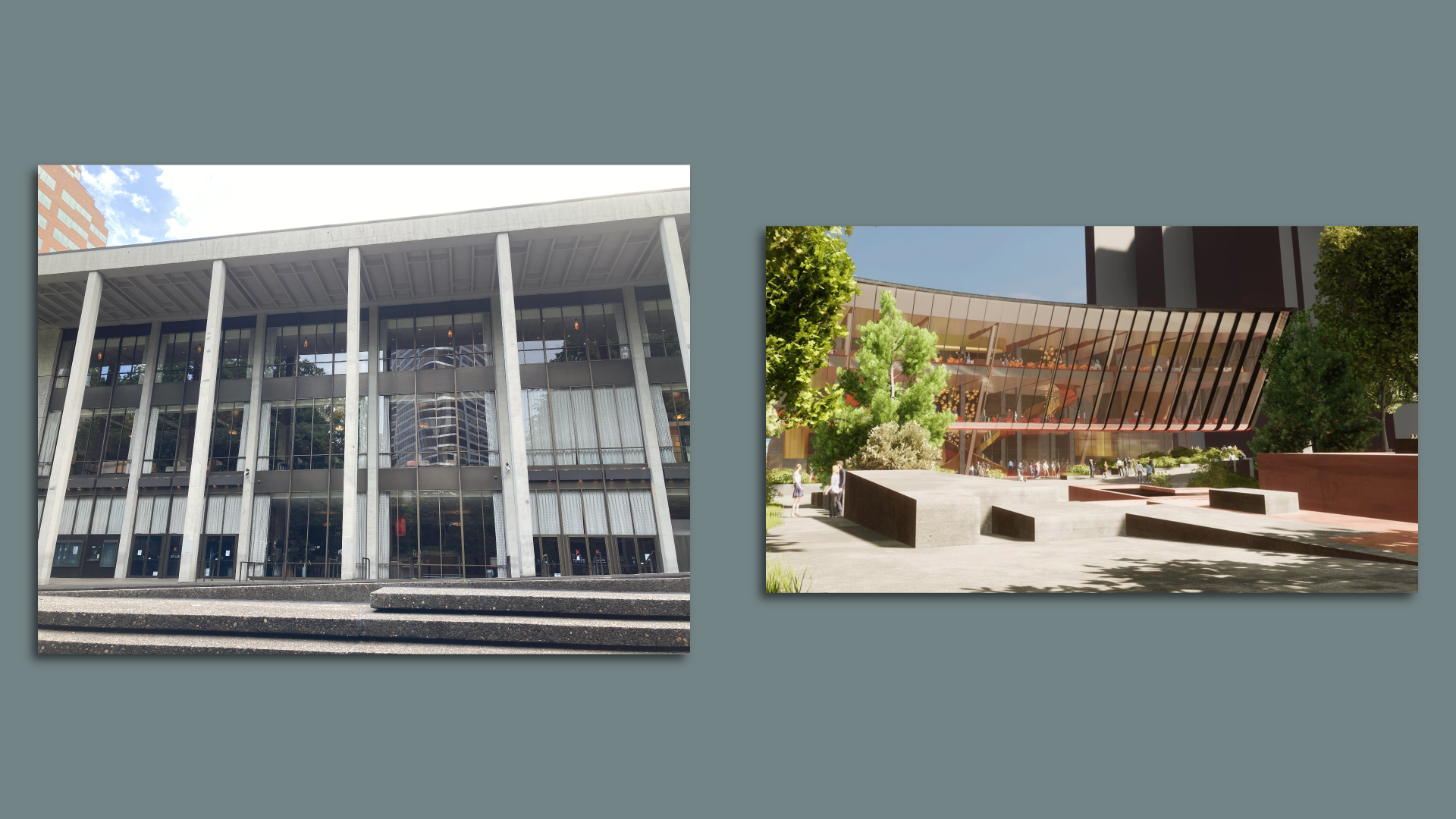Two photos: A glass faced building with pillars in front and the same building reimagined, with a prow-like glass facade.