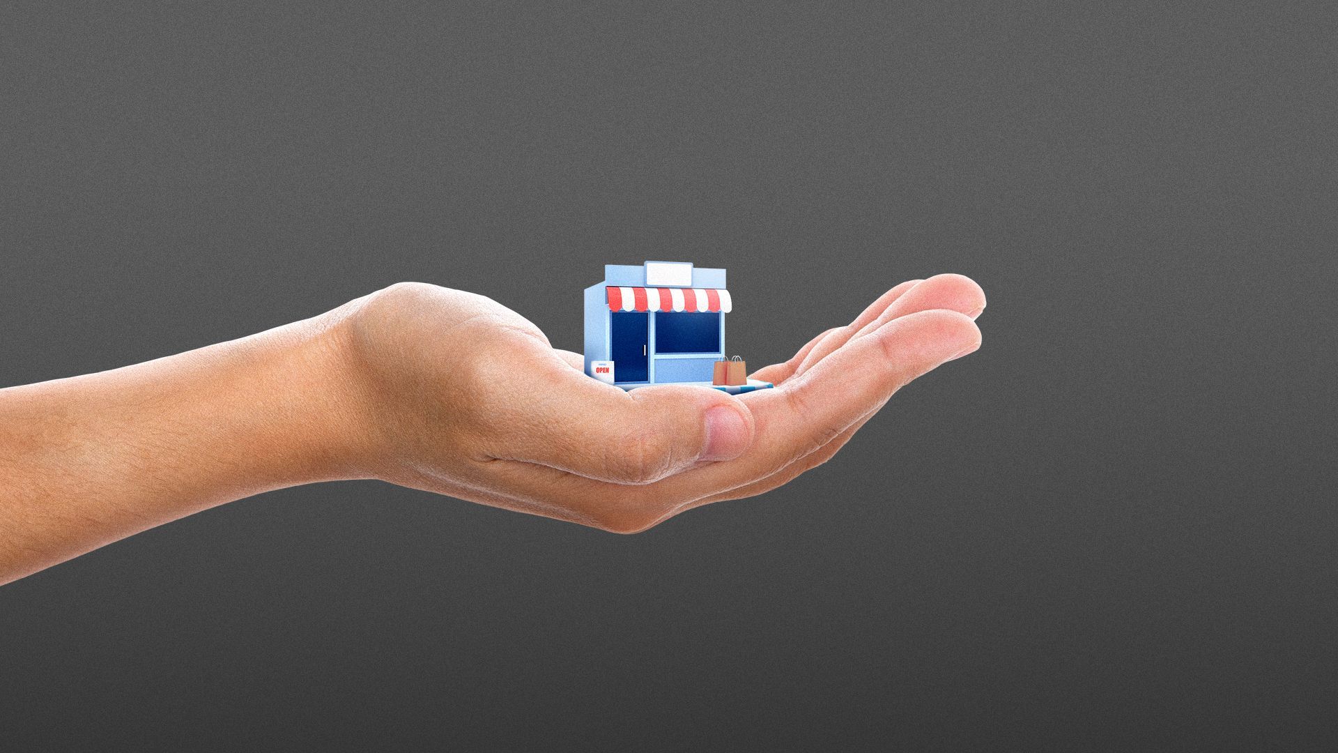 Illustration of a hand holding a tiny shop.