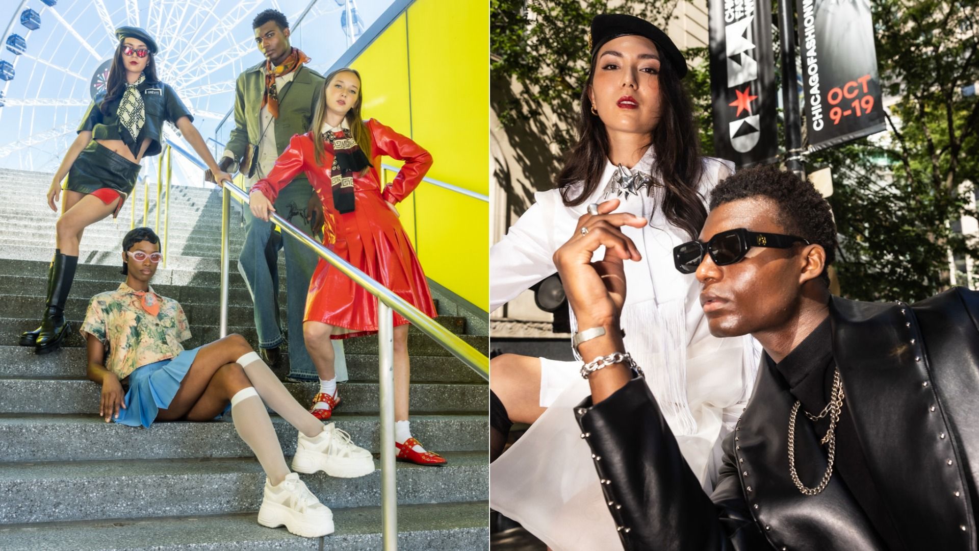 Two-panel fashion shot: left panel has four models on stairs by a bright yellow wall; right panel shows a stylish duo in urban streetwear with sunglasses and city banners in the background.
