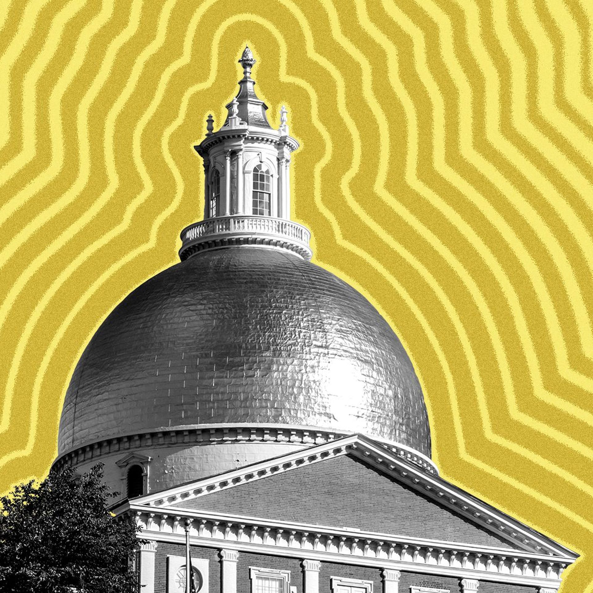 Illustration of the Massachusetts State House with lines radiating from it. 