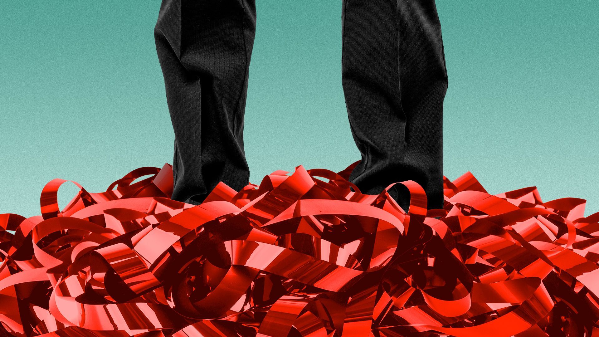 Illustration of a person standing in a messy pile of red tape.