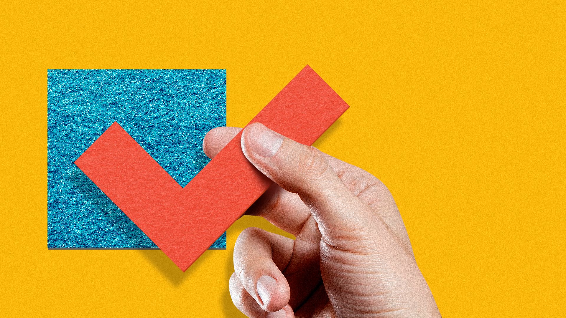 Illustration of a hand placing a felt checkmark on a felt box.