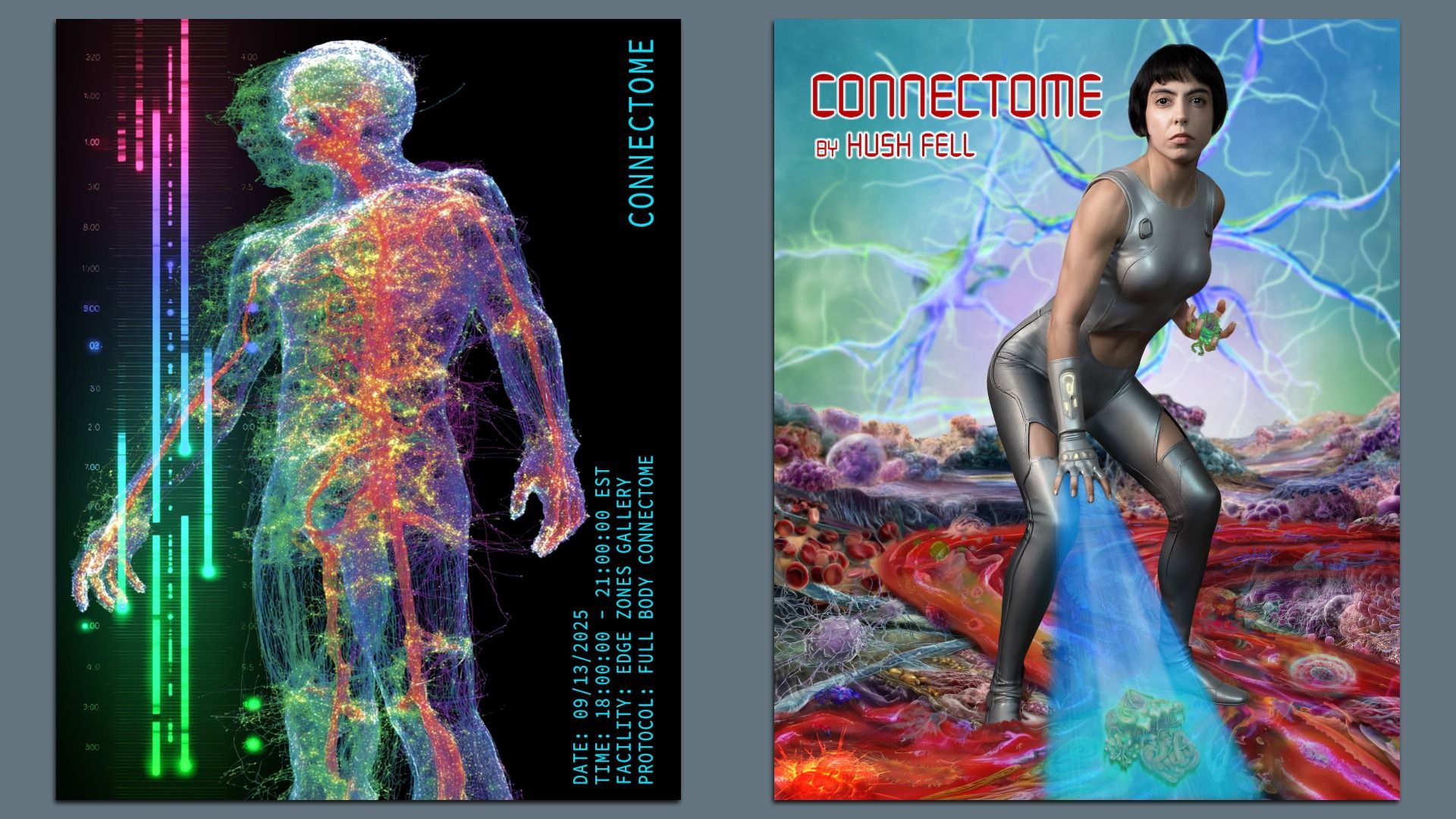 Left: colorful digital human figure with glowing network lines and data bars on black background. Right: person in silver suit with short hair projecting blue light onto a sci-fi organic landscape.