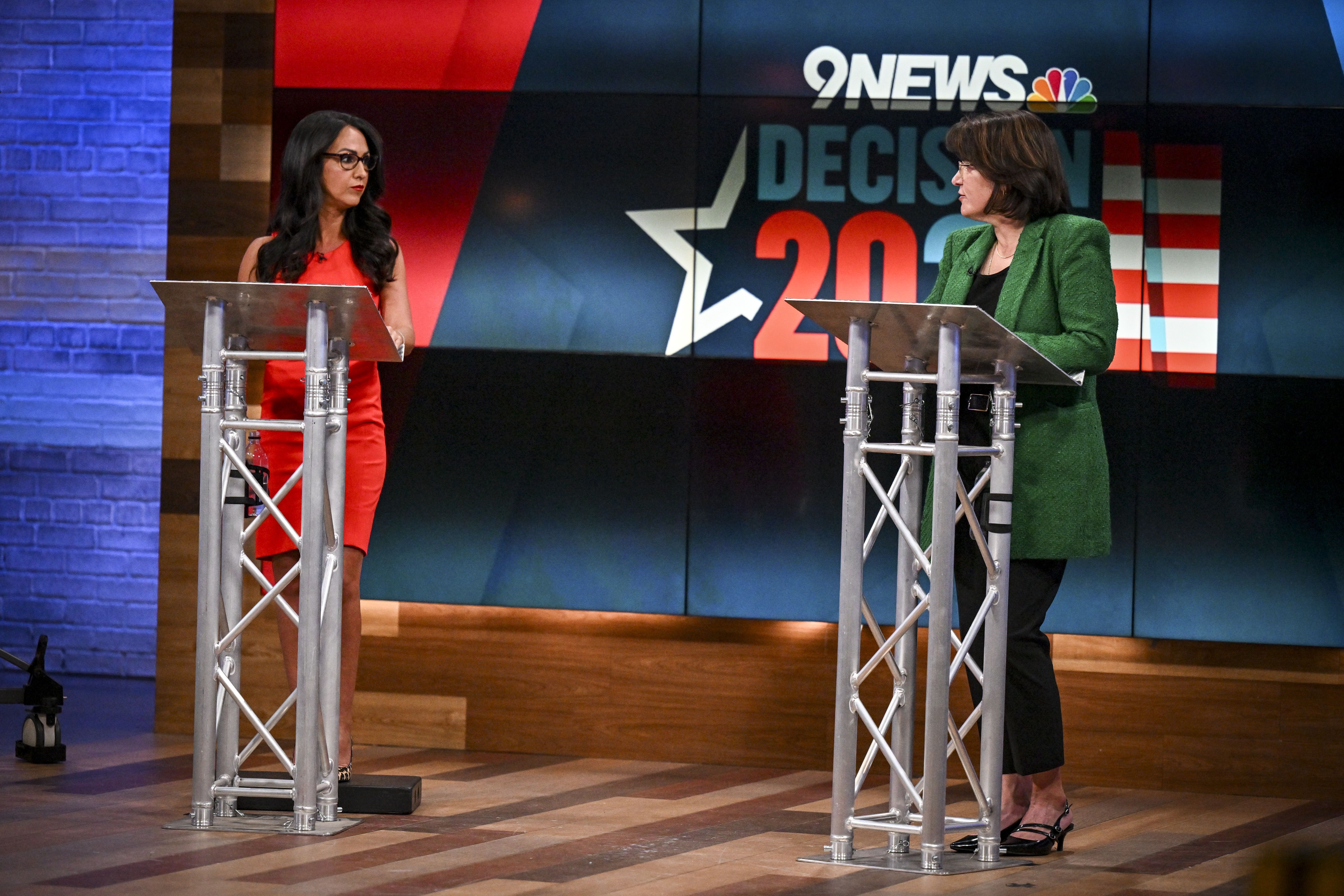Republican Rep. Lauren Boebert and Democratic challenger Eileen Laubacher field questions from moderator Kyle Clark during a 4th Congressional District debate at 9News in Denver, Colorado on Monday, October 12, 2026. (Photo by AAron Ontiveroz/The Denver Post)
