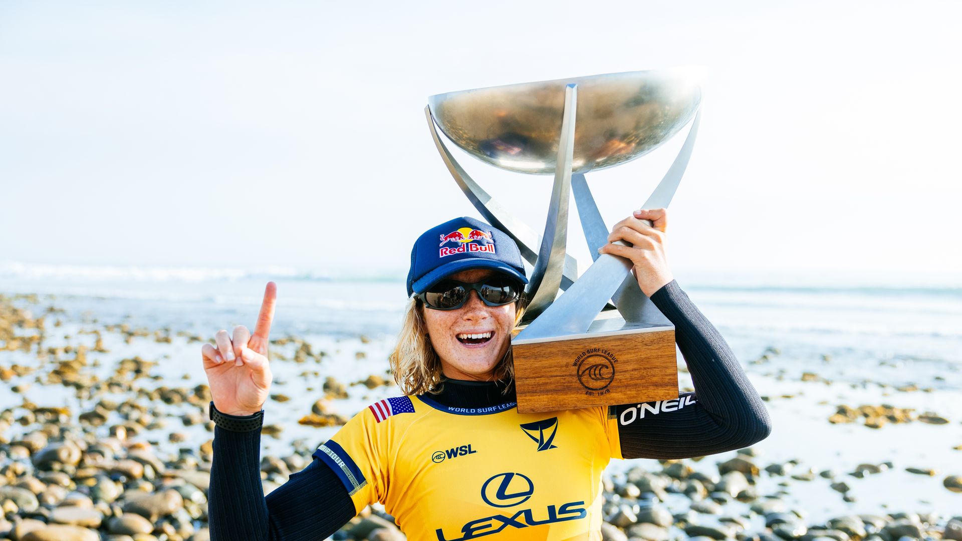Caitlin Simmers of the United States after winning the 2024 World Title ]at the Lexus WSL Finals