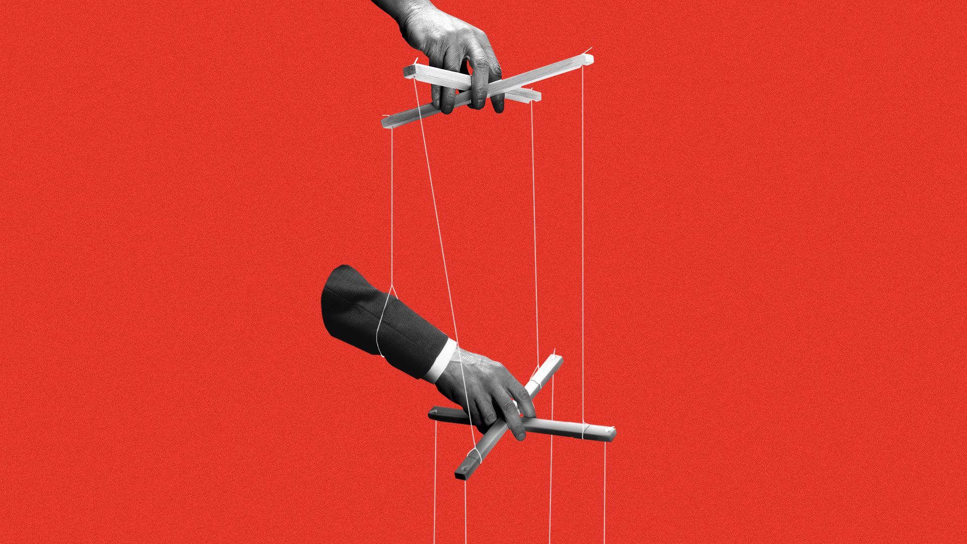 Illustration of a hand holding puppet strings controlling another hand with puppet strings.