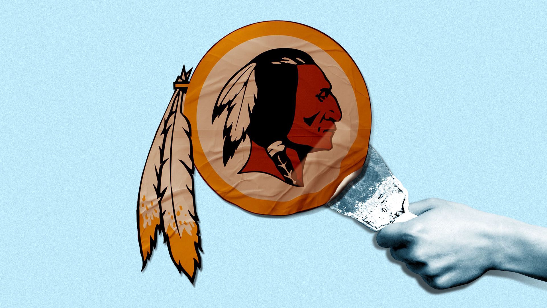 Illustration of a hand scraping the Redskins logo off of a surface