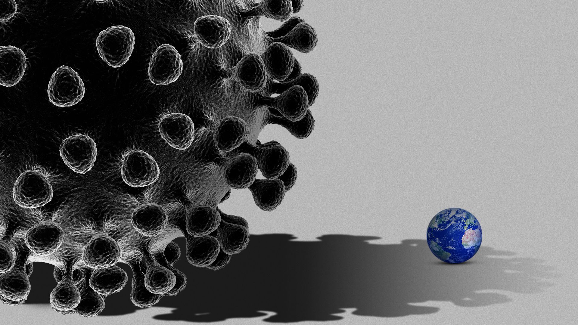 Illustration of a giant virus cell casting a shadow over a tiny Earth. 