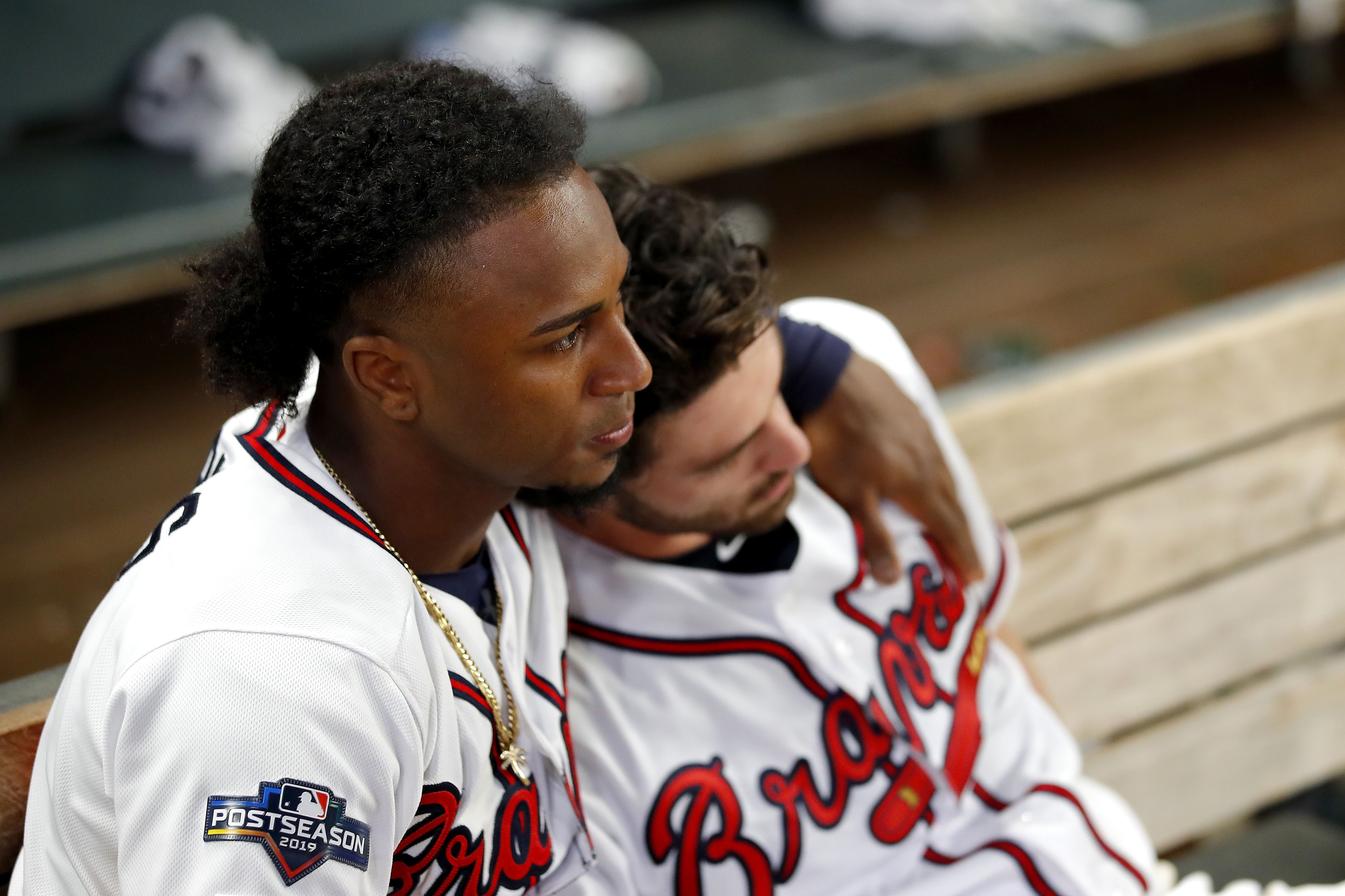 Braves players consoling each other