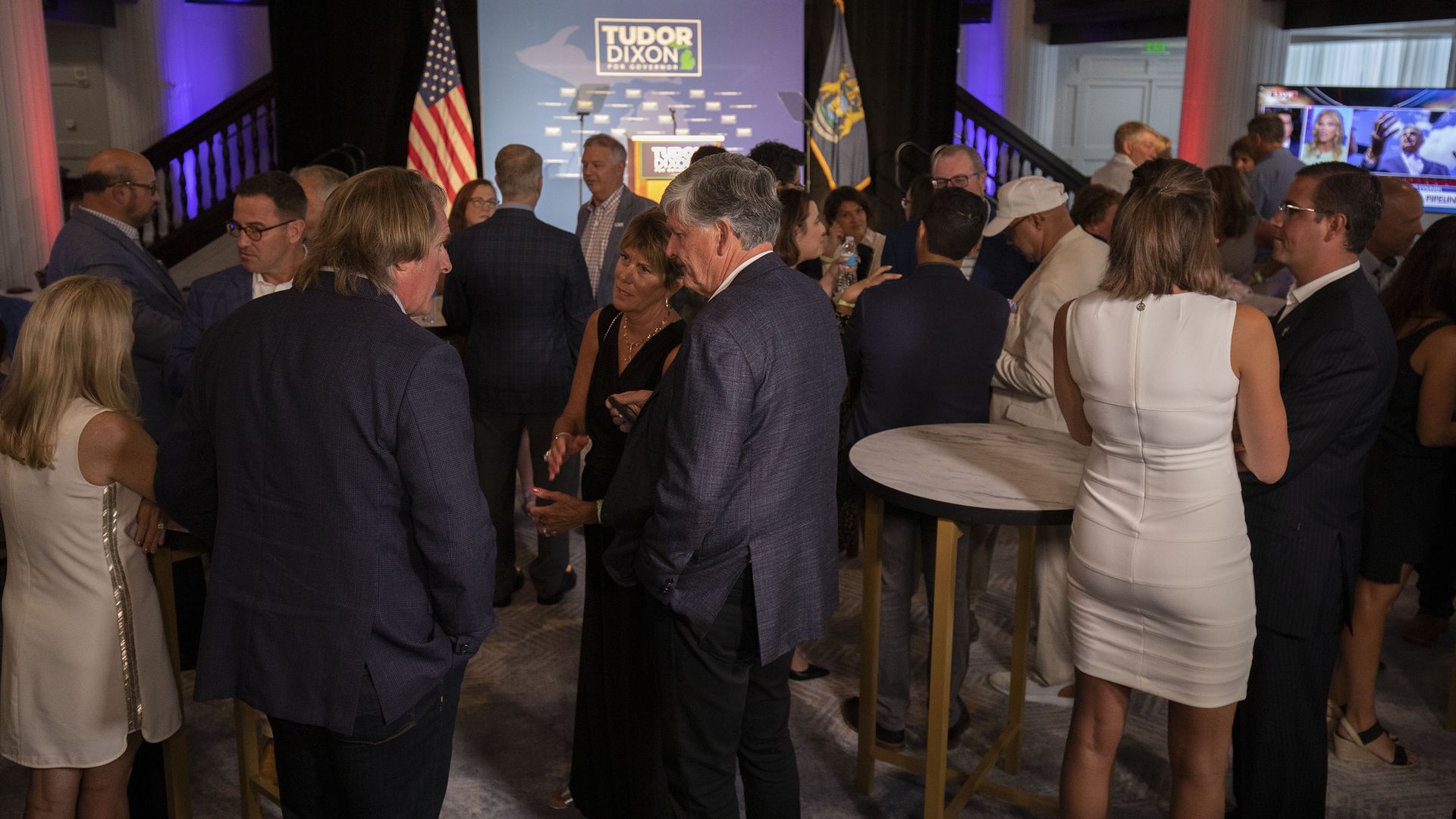 Donors wait for Michigan Republican gubernatorial candidate Tudor Dixon to speak at her primary election night party at the Amway Grand Plaza on August 2.