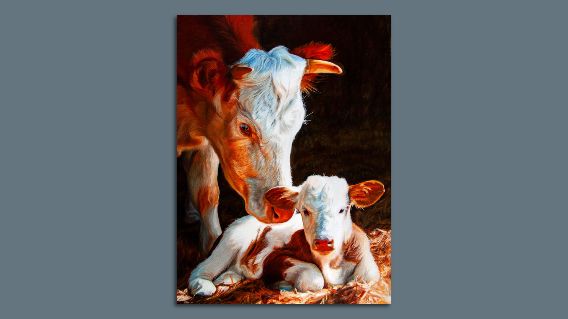 Photo of a painting of a cow and baby calf