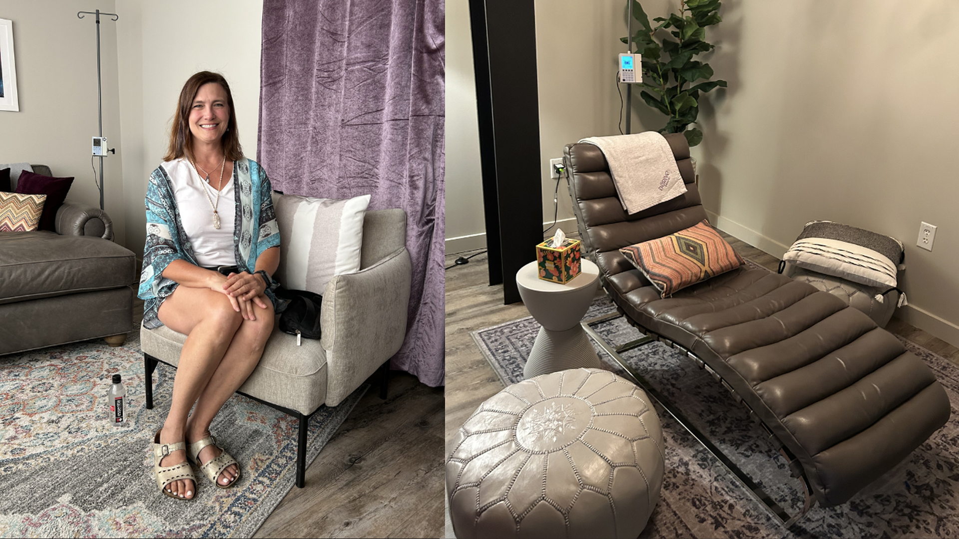 Two-panel lounge: left—smiling brown-haired woman in a white top and teal shawl sits cross-legged in a gray armchair; right—a brown recliner with a towel, pillows, and a small table.