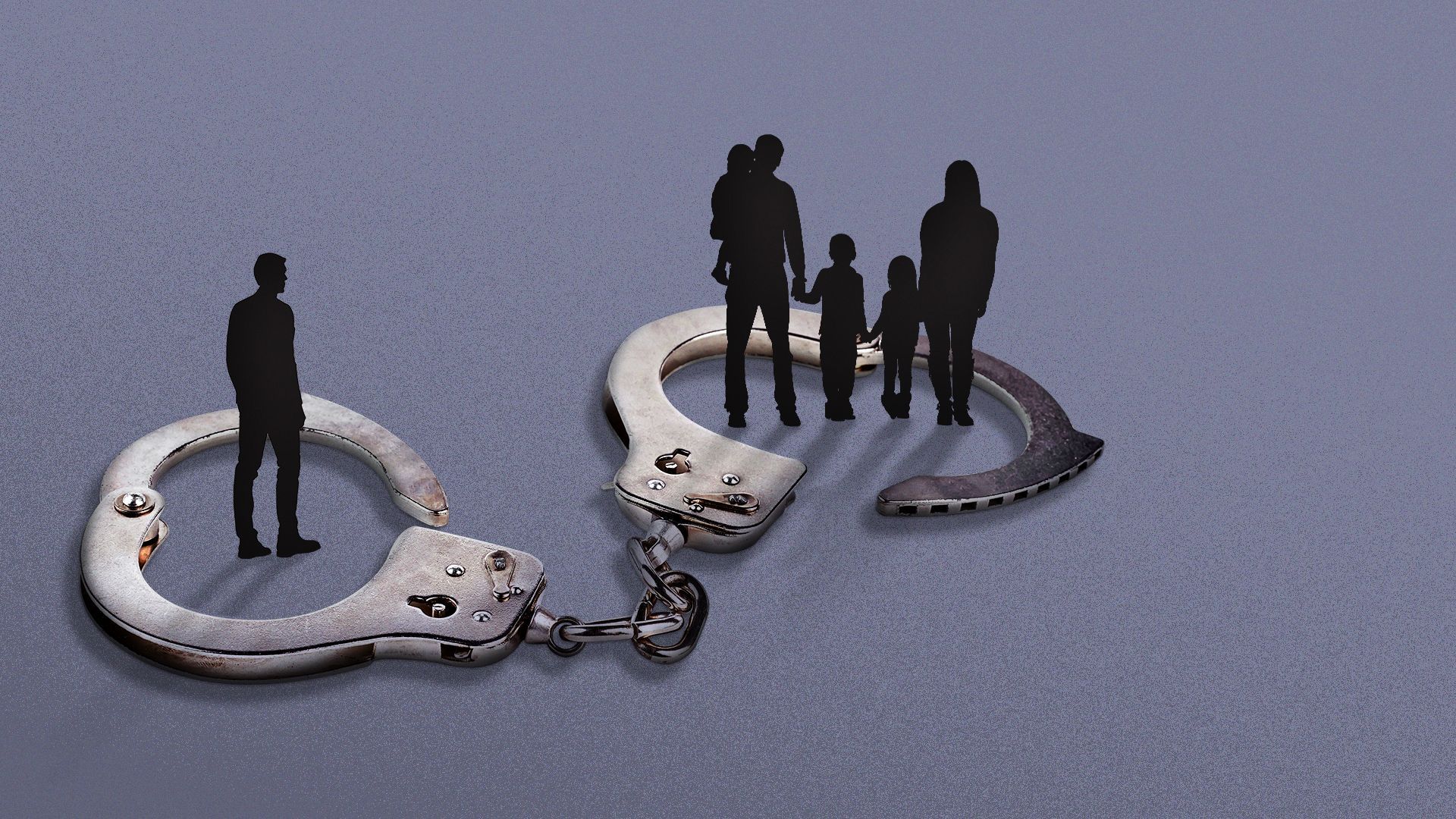 Illustration of a man standing inside of a close handcuff, and a family standing inside of an open handcuff.