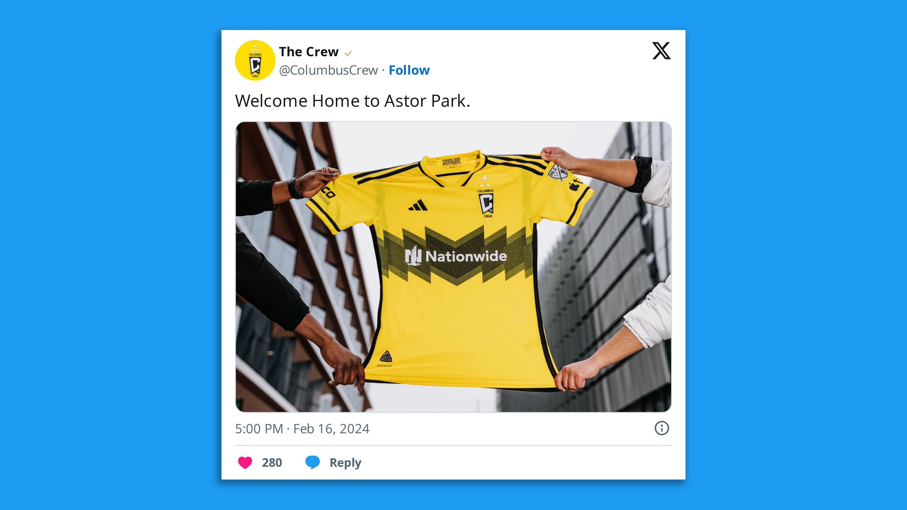 A tweet from the Columbus Crew showcasing a new soccer jersey.