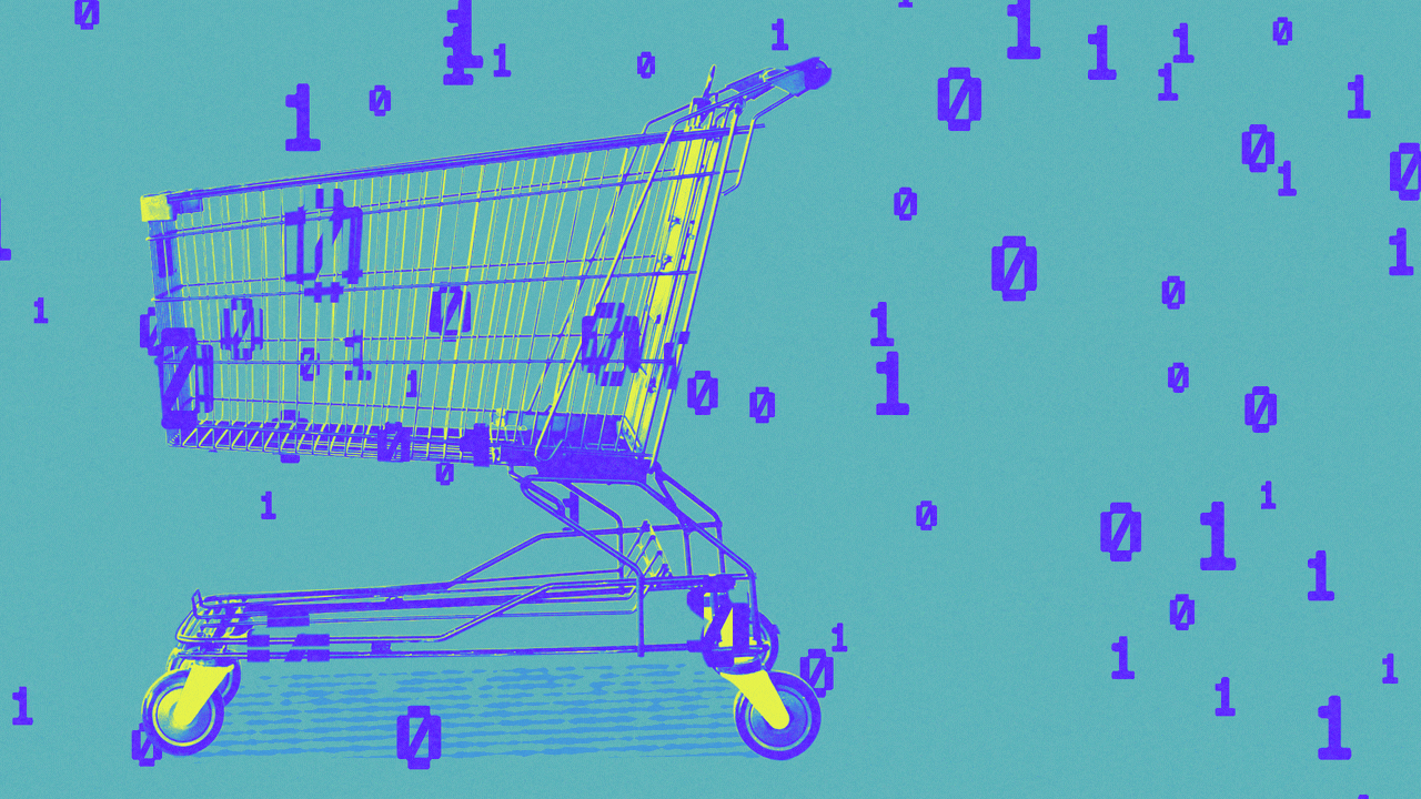 Animated illustration of a supermarket shopping cart with binary code falling over it.