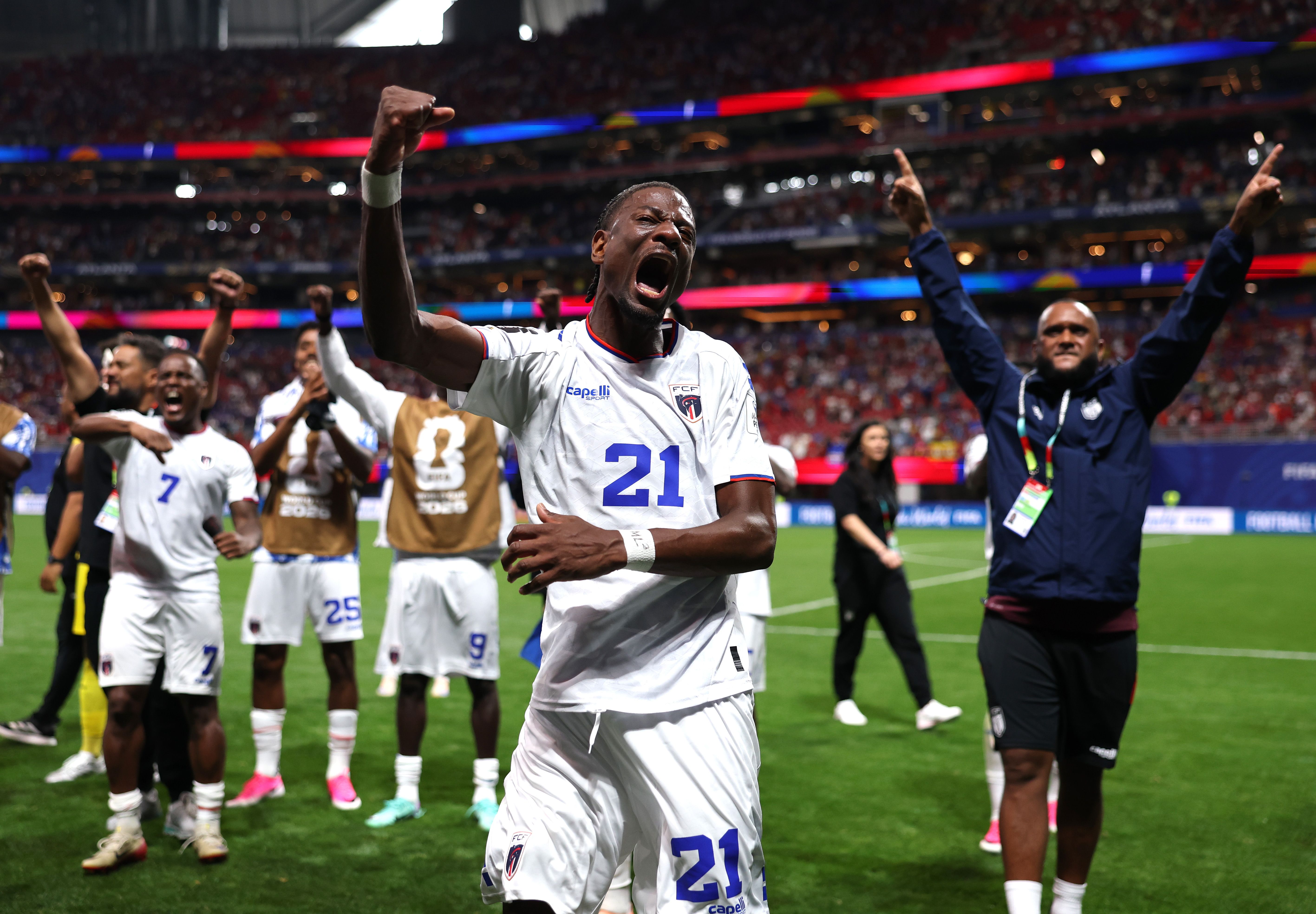 Cape Verde's Nuno da Costa celebrates the team's 0-0 draw against Spain today. Photo: Maddie Meyer/FIFA via Getty Images