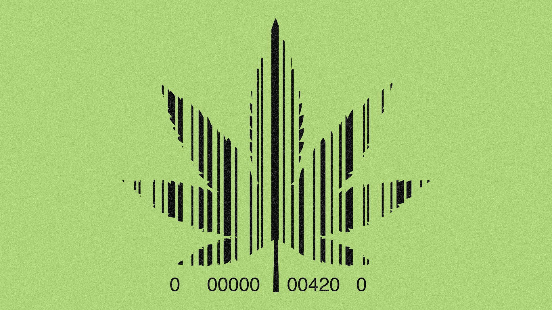 Illustration of a barcode shaped like a marijuana leaf.
