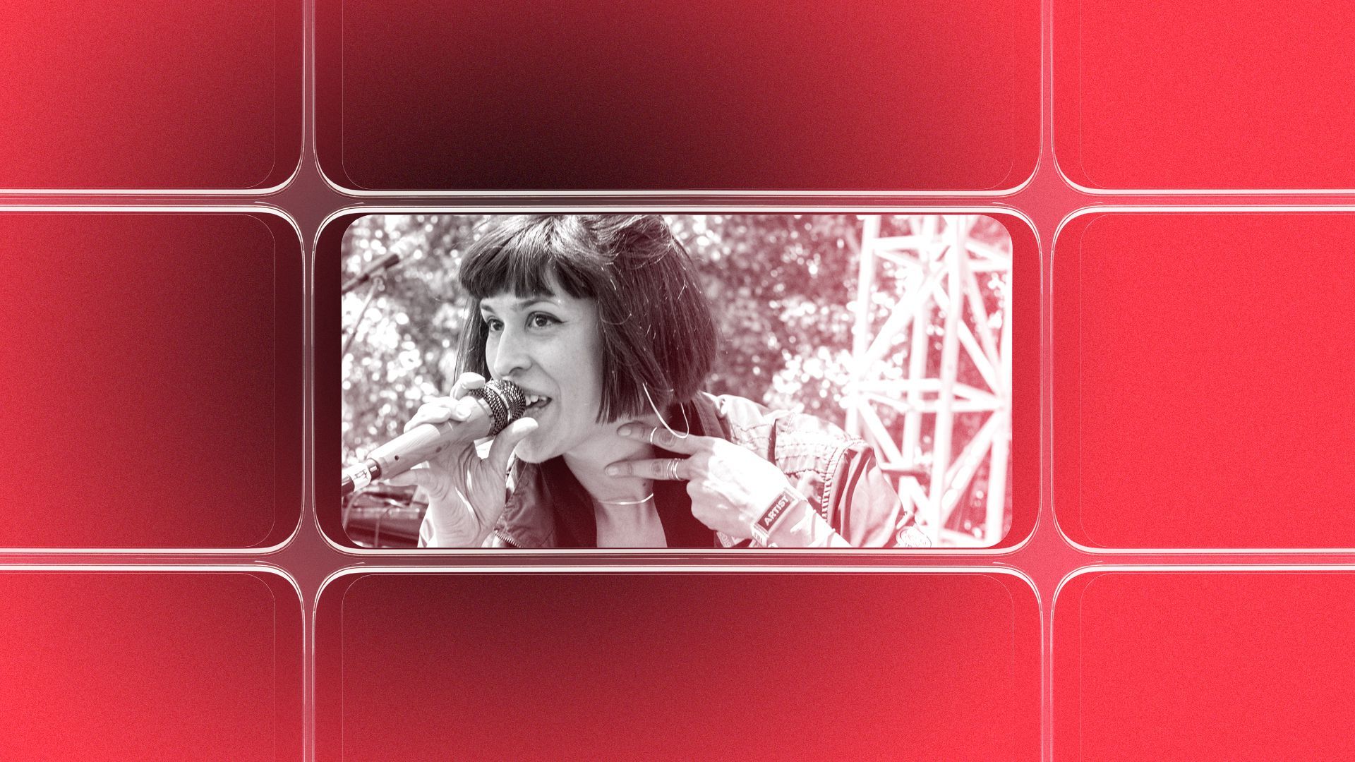 Photo illustration of a grid of smartphone screens, the center one showing an image of Dessa.