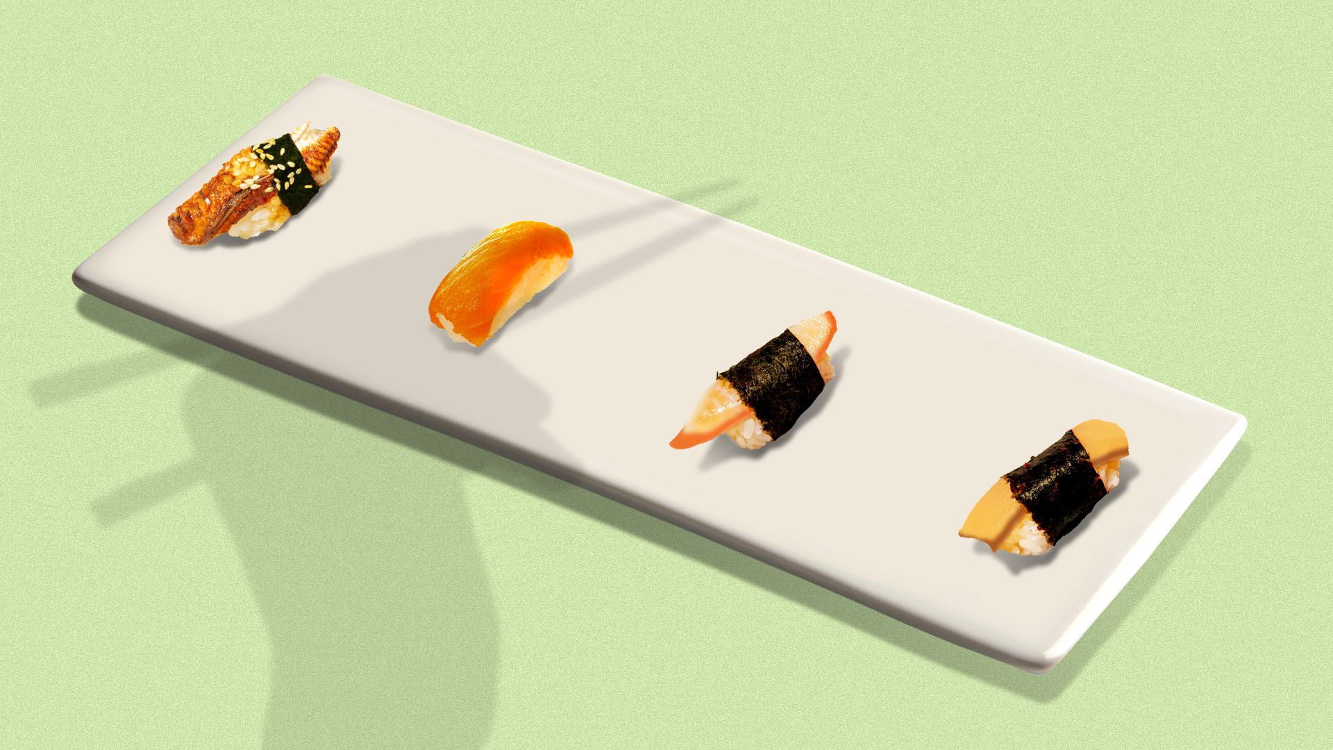 Illustration of a plate of sushi with the pieces distantly placed apart 