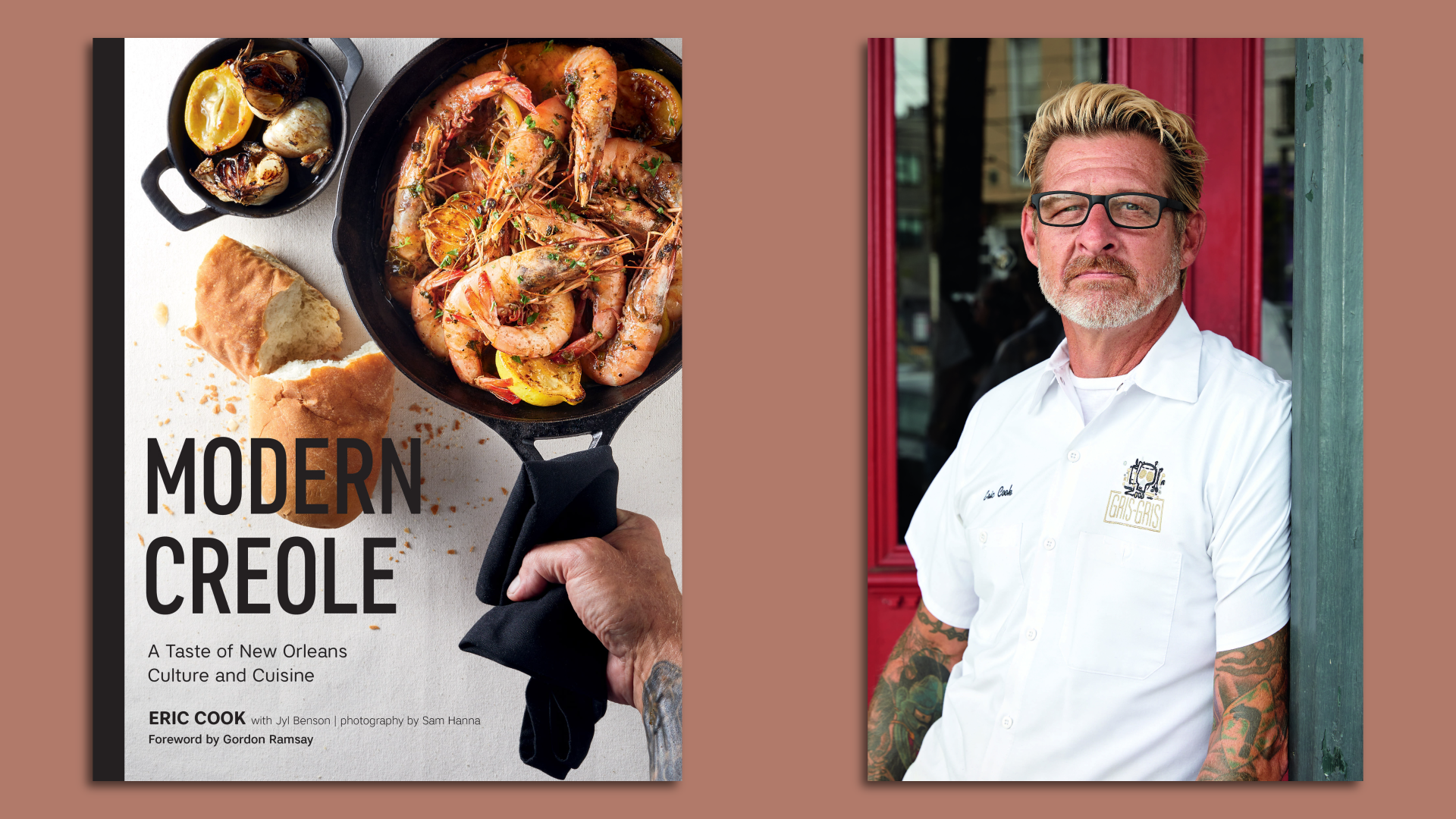 At left, the front cover of a cookbook called "Modern Creole," and at right, a headshot of chef Eric Cook.