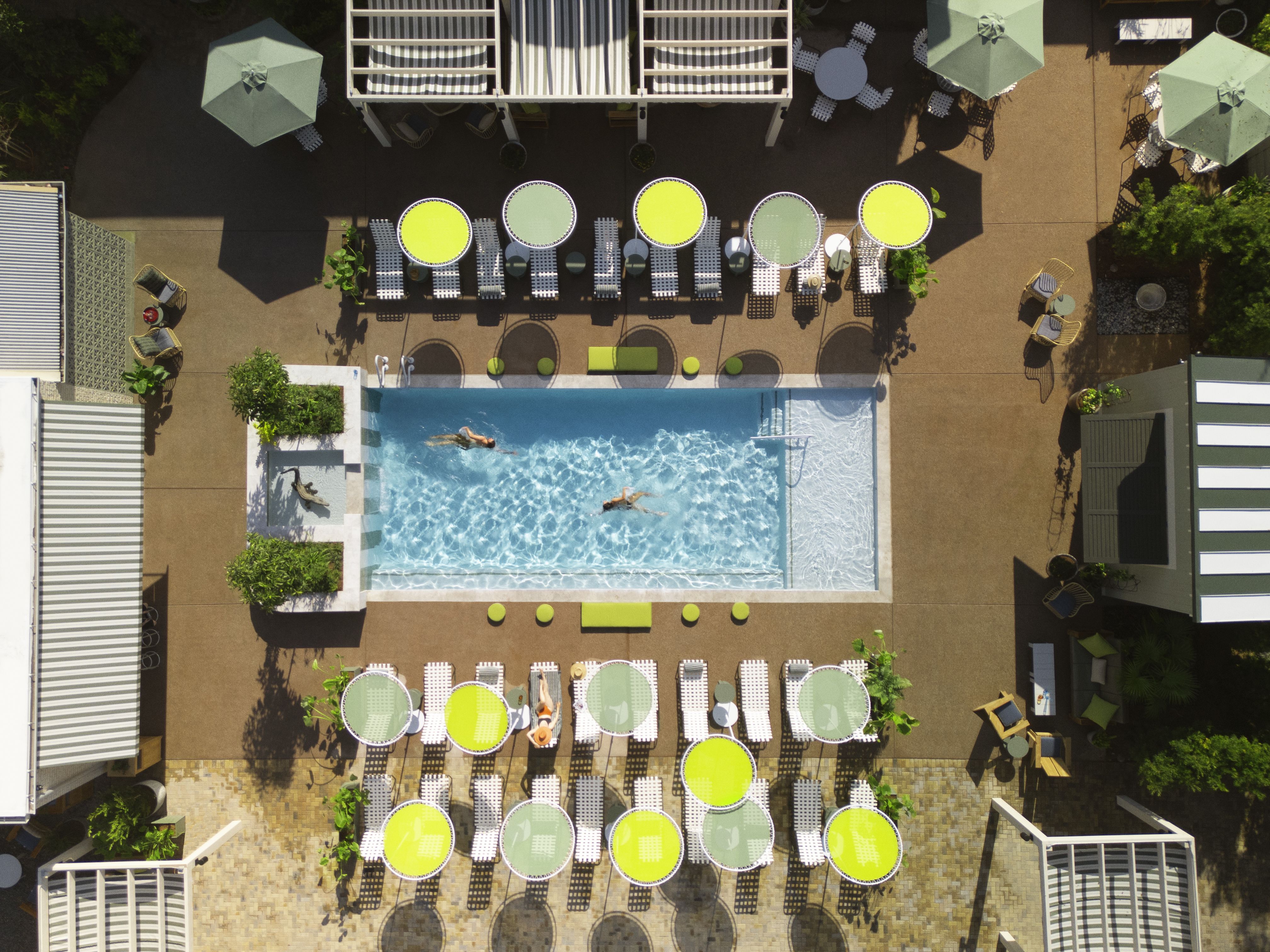 A birds-eye view of a pool deck.