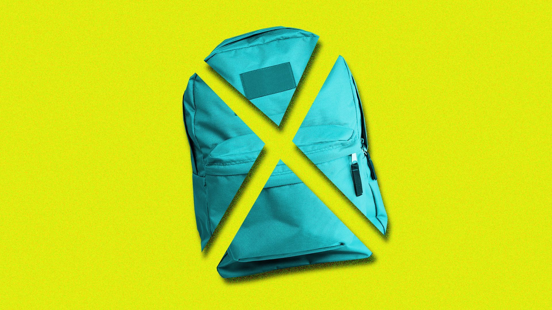 Illustration of a backpack broken into four pieces, forming an "x" shape.