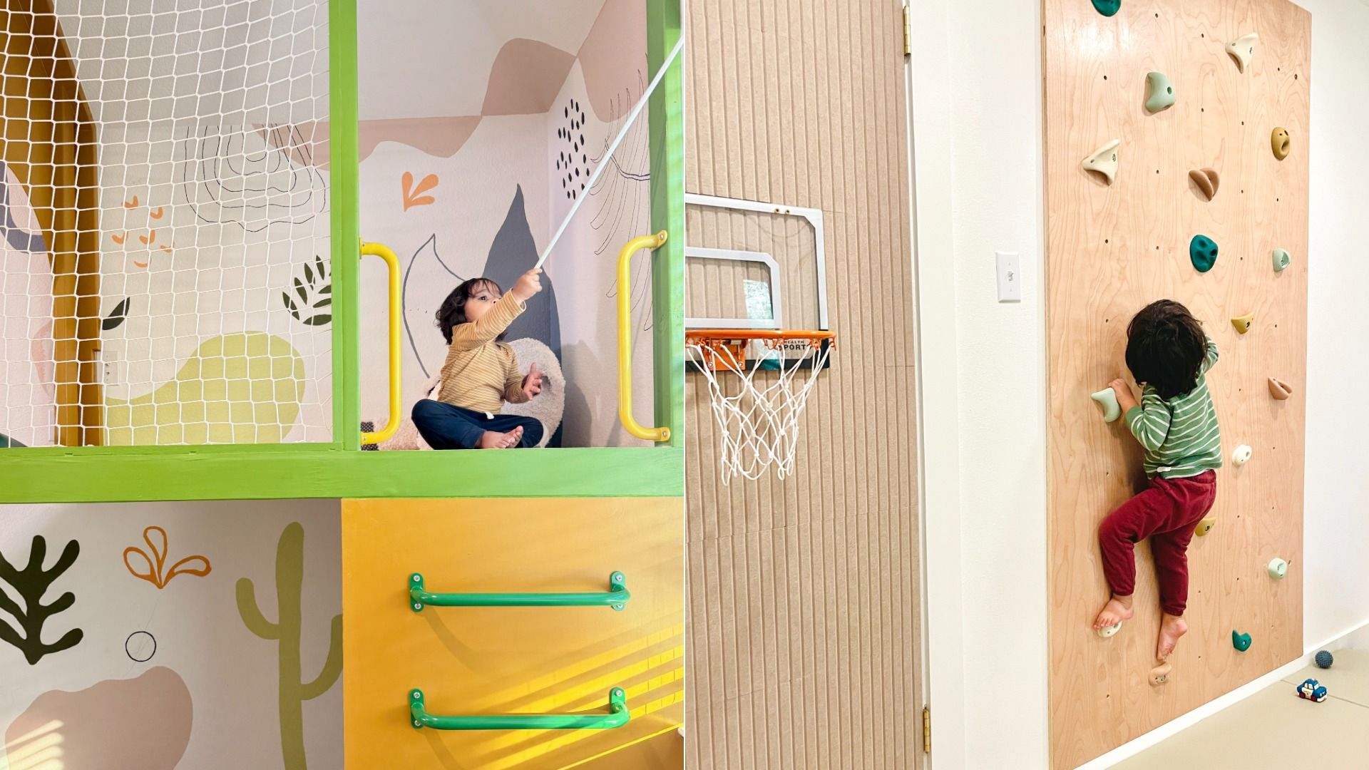 Two children in an indoor play area: left, a child sits inside a bright green and yellow play structure with netting, reaching with a white pole; right, a child climbs a wooden wall with colorful holds near a small basketball hoop.